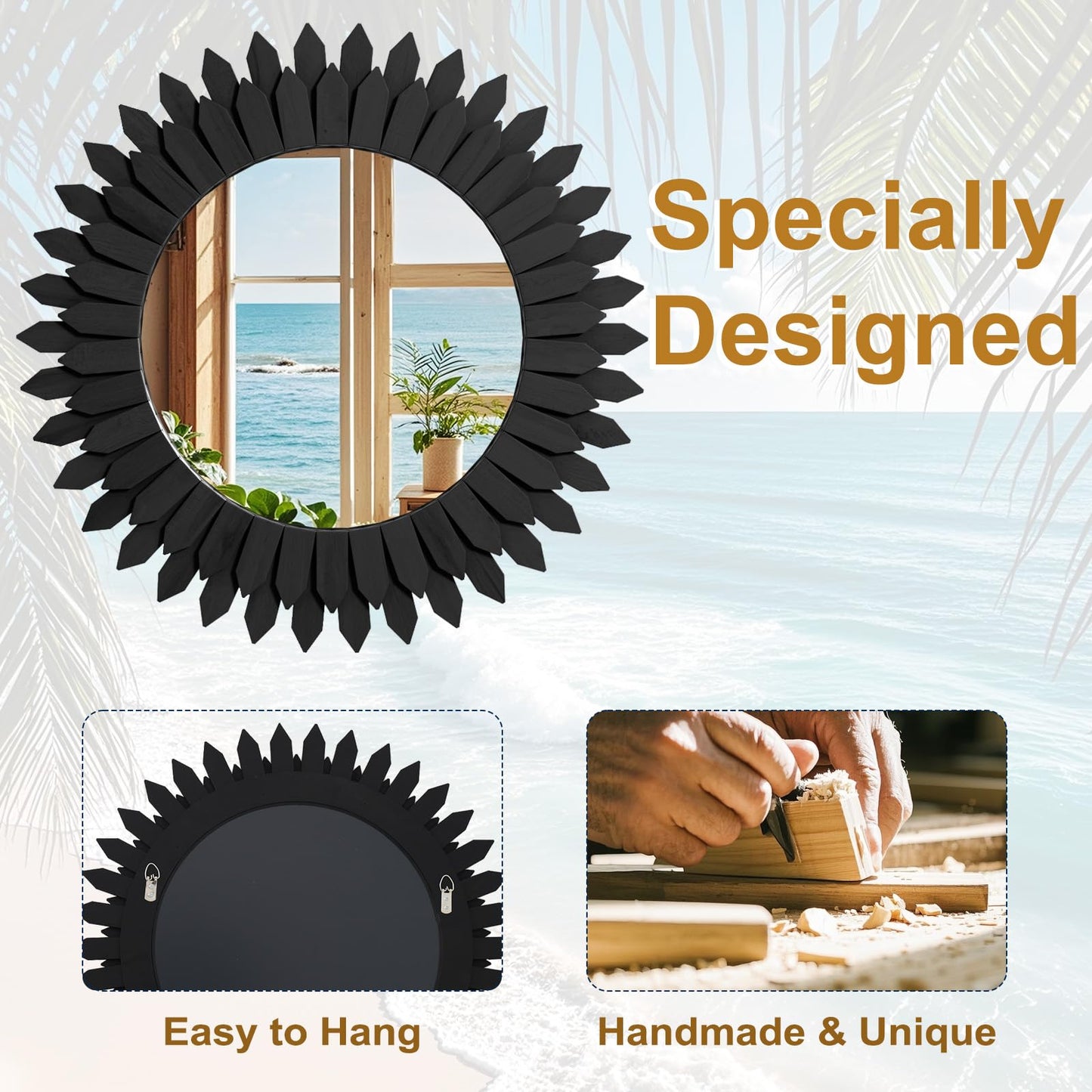 VETROVUE 24 Inch Black Boho Wall Decor Sunburst Mirror - Round Wooden Wall Decor, Handmade Rustic Circular Mirror for Living Room, Bedroom, Entryway, Office