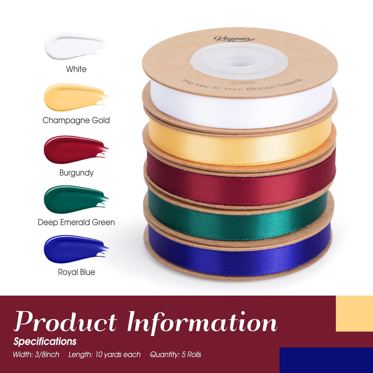 Keypan Christmas Satin Ribbon Set 3/8" x 50 Yards Double-Faced Assorted Ribbons for Gift Wrapping, Tree Ornaments, DIY Crafts, Hair Bows & Holiday Décor