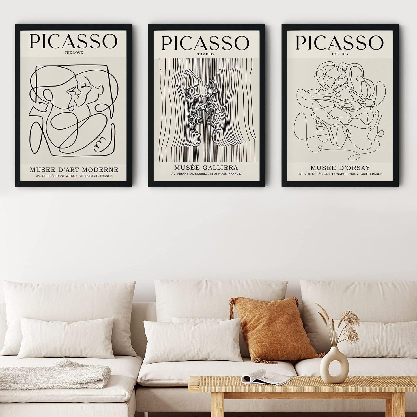 Framed Picasso Abstract Female Line Wall Art Prints Set of 3 Picasso The Kiss, The Love, The Hug Poster Set Mid Century Modern Minimalism Canvas Paintings Gallery Exhibition Prints with Black Frame