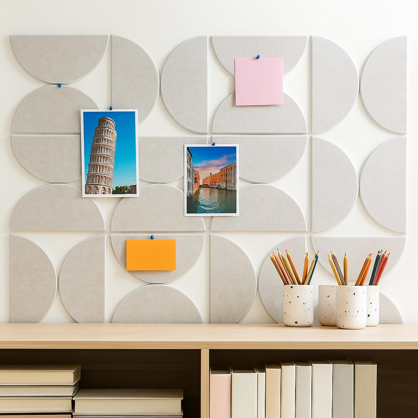 AceOrbit 24 Pcs Decorative Felt Bulletin Board Semicircular Wall Felt Tiles Modern Home Decor Felts Tiles with Glue for DIY Pin Board Office School Home Wall Decor Sticker Memos Photo Display