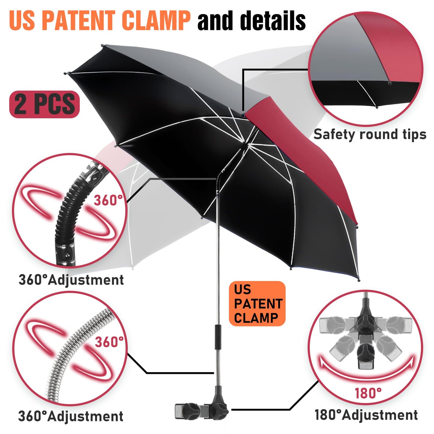 NBtoUS 2 Pack Chair Beach Umbrella with 360 Universal Clamp, UPF50+ Umbrella Outdoor Patio Sun Protection for Chairs, Beach &Patio Use (Grey/Wine Red)