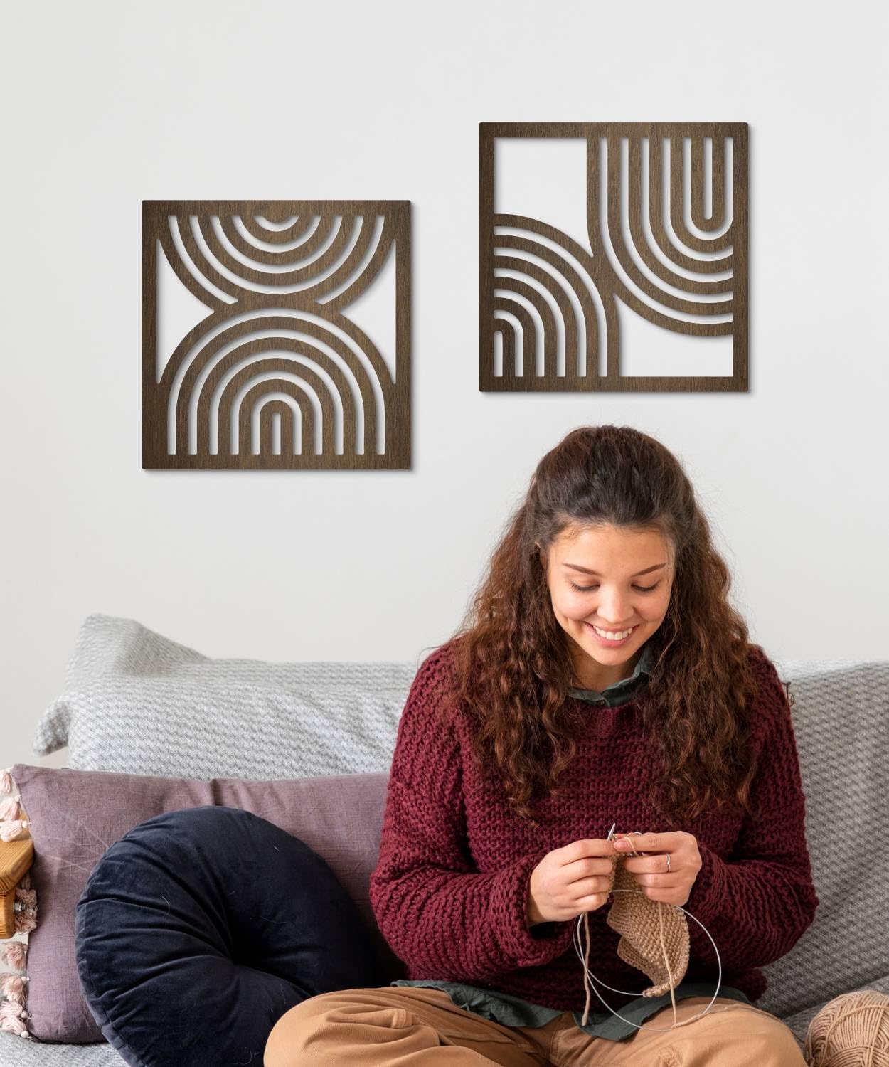 Putuo Decor Geometric Abstract Wall Art Set of 2, Modern Square Wooden Modern Arched Wall Decor for Living Room Bedroom Entryway, Minimalist Brown Wall Sculpture