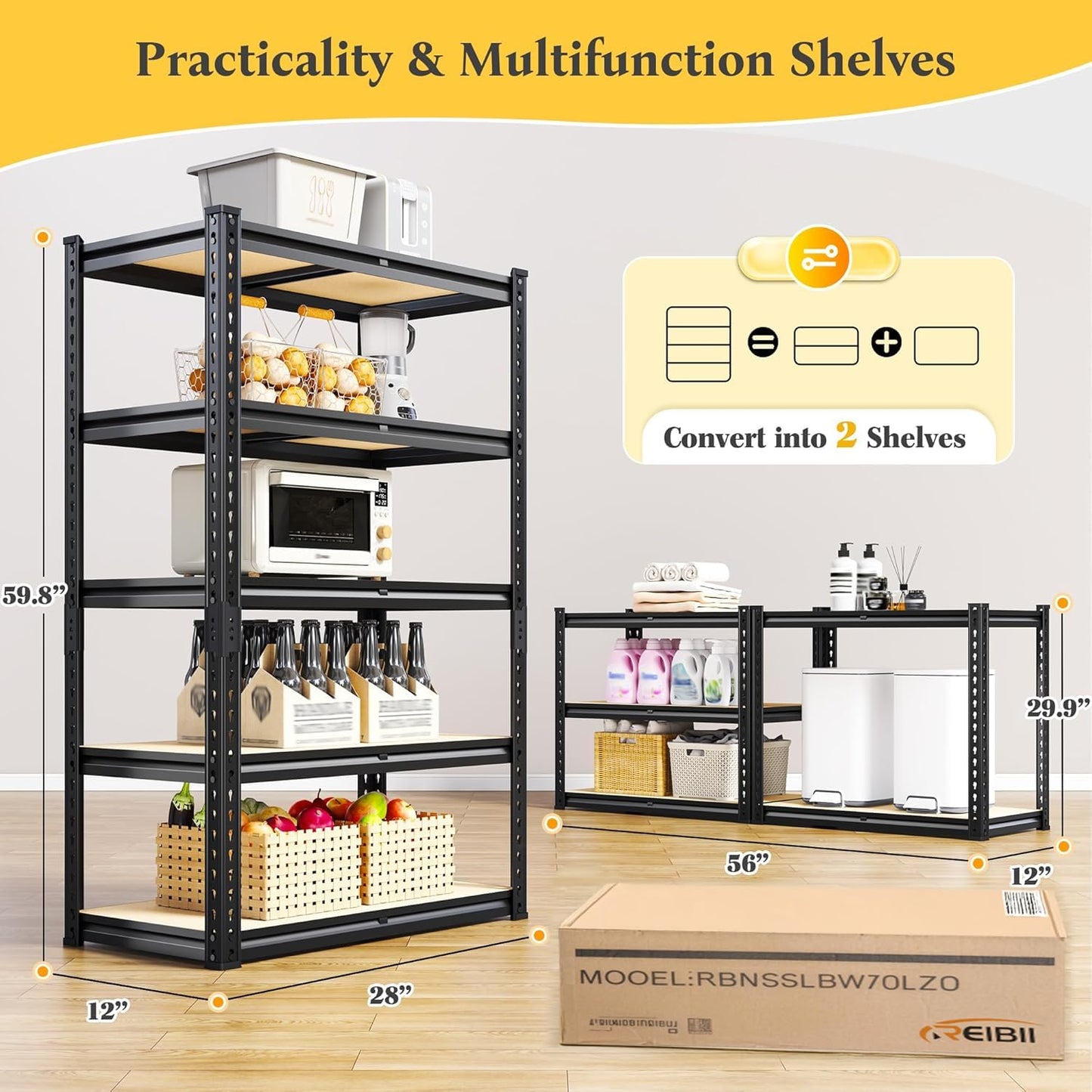 5 Tier Storage Shelves 2020LBS Garage Shelving,Adjustable Heavy Duty Metal Shelving Unit Utility Rack for Garage,Kitchen Pantry Shelf for Warehouse,Closet,Commercial,28" W x 12" D x 59.8" H,Black