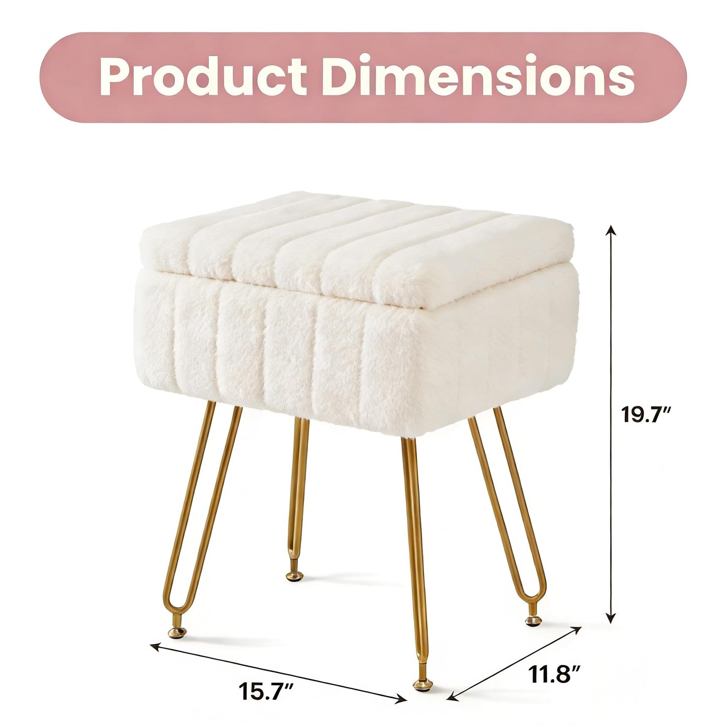 CLICKBIN 16" Teddy Fabric Storage Ottoman, Plush Vanity Stool with Hidden Storage for Bedroom, Living Room, Beige