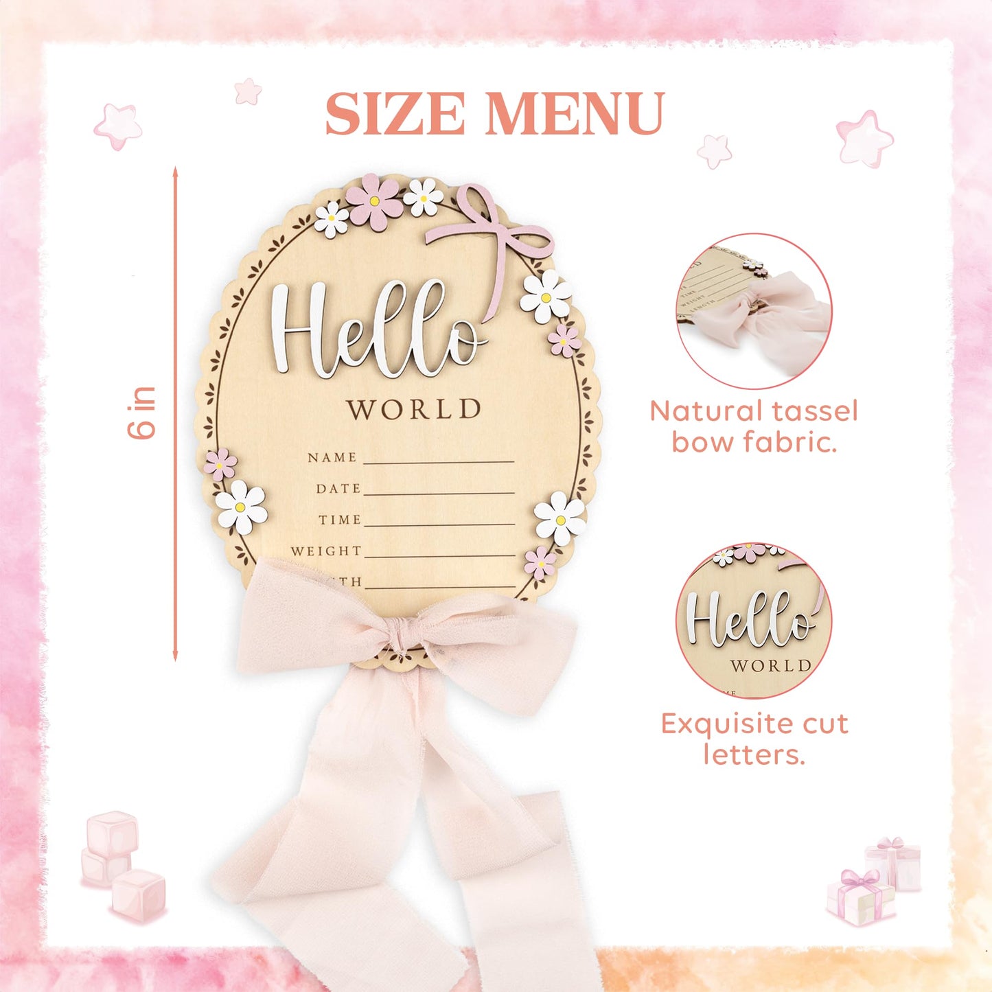 TTMerriwood Baby Announcement Sign with Stand & Marker – Hello World Wooden Name Plaque for Newborn Photoshoot, Baby Shower, Rustic Keepsake Birth Stat Sign for Hospital Birth Announcement (Light pink ribbon)