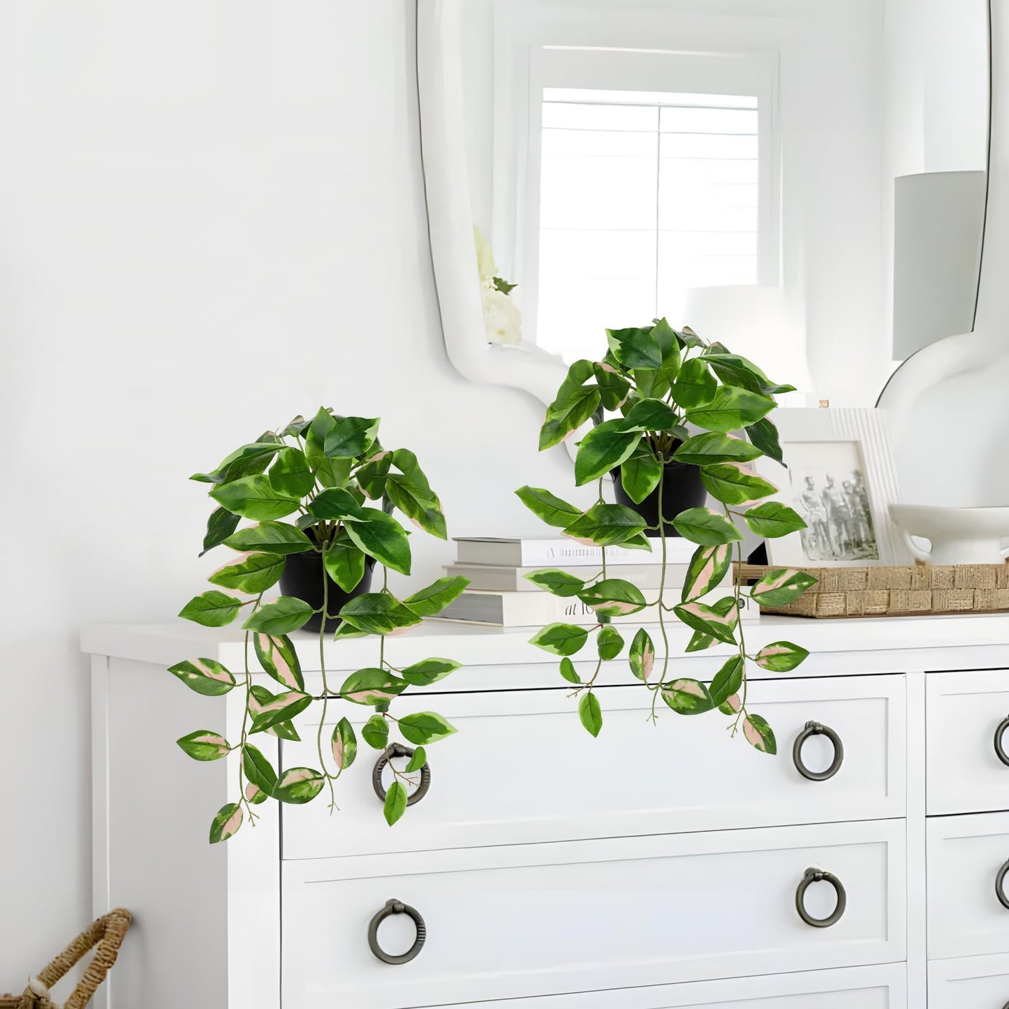 Briful Small Fake Plants Indoor (Set of 2) Realistic Faux Trailing Plant Artificial Potted Plants in Black Pot Pink N' Joy Leaf Houseplant for Living Room Table Kitchen Counter Shelf