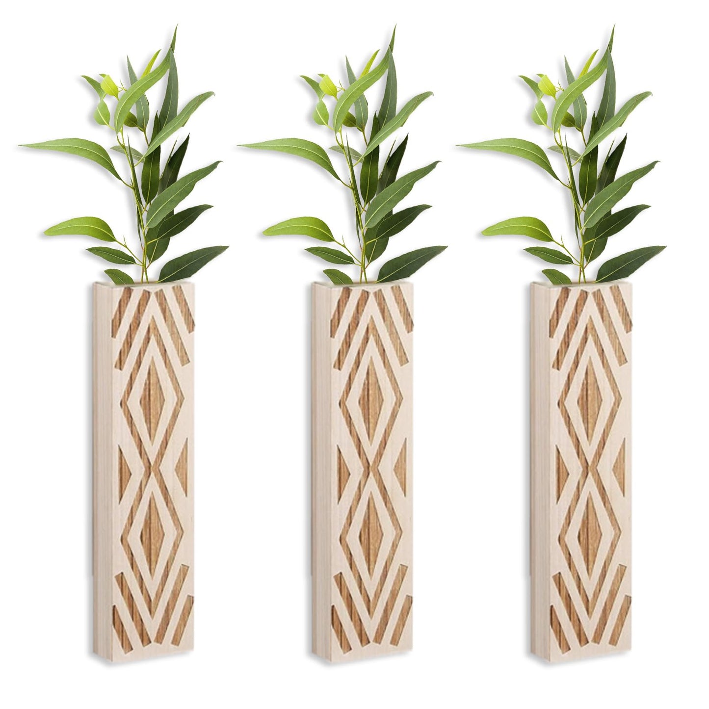 Wooden Wall Vase Set of 3 - Geometric Hanging Planters for Indoor Plants, Modern Wall Decor for Living Room, Bedroom, Bathroom, Home, Office, Apartment, Farmhouse & Boho Style (A)