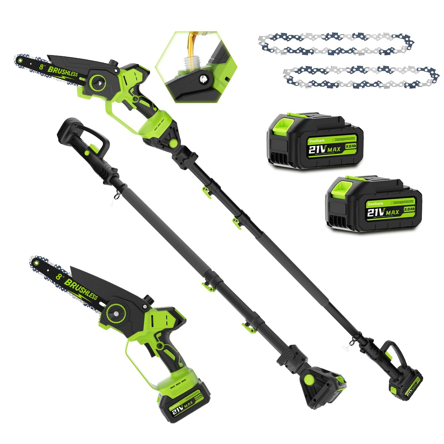 2-In-1 Cordless Electric Pole Saw for Tree Trimming, 8 Inch Chainsaw with 2 x 3000mAh Batteries, LCD Display, 15.6 FT Max Reach, 180° Adjustable Cutting Head for Tree Trimmer Limb Branch Cutter Pruner