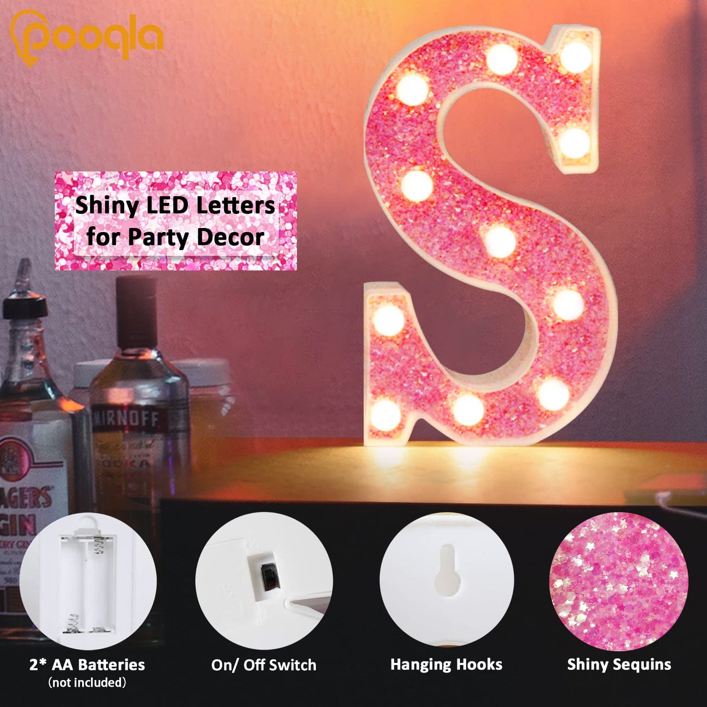 Pooqla LED Marquee Letter Lights, Light Up Pink Letters Glitter Alphabet Letter Sign Battery Powered for Night Light Birthday Party Wedding Girls Gifts Home Bar Christmas Decoration, Pink Letter A