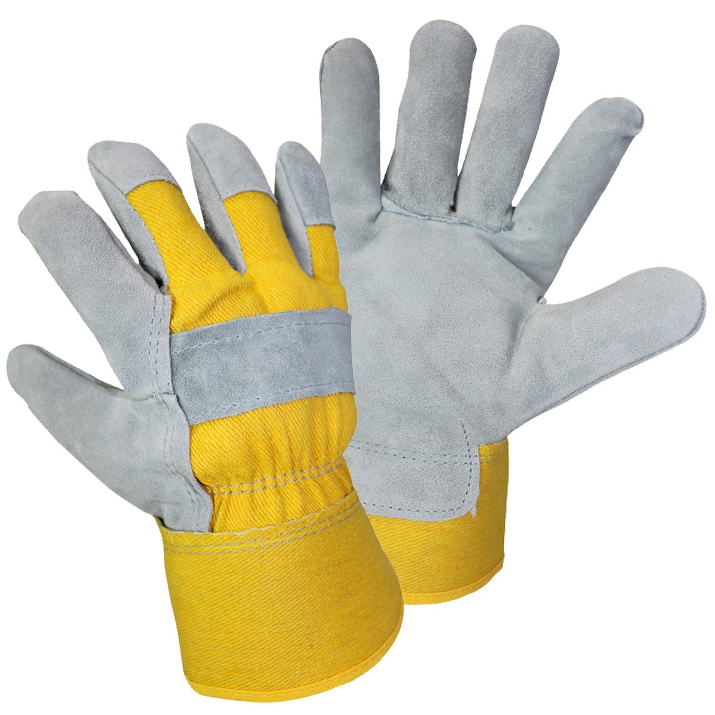 WOLF Yellow Canvas Genuine Cowhide Heavy-duty Leather Palm Work Gloves (12 pairs)