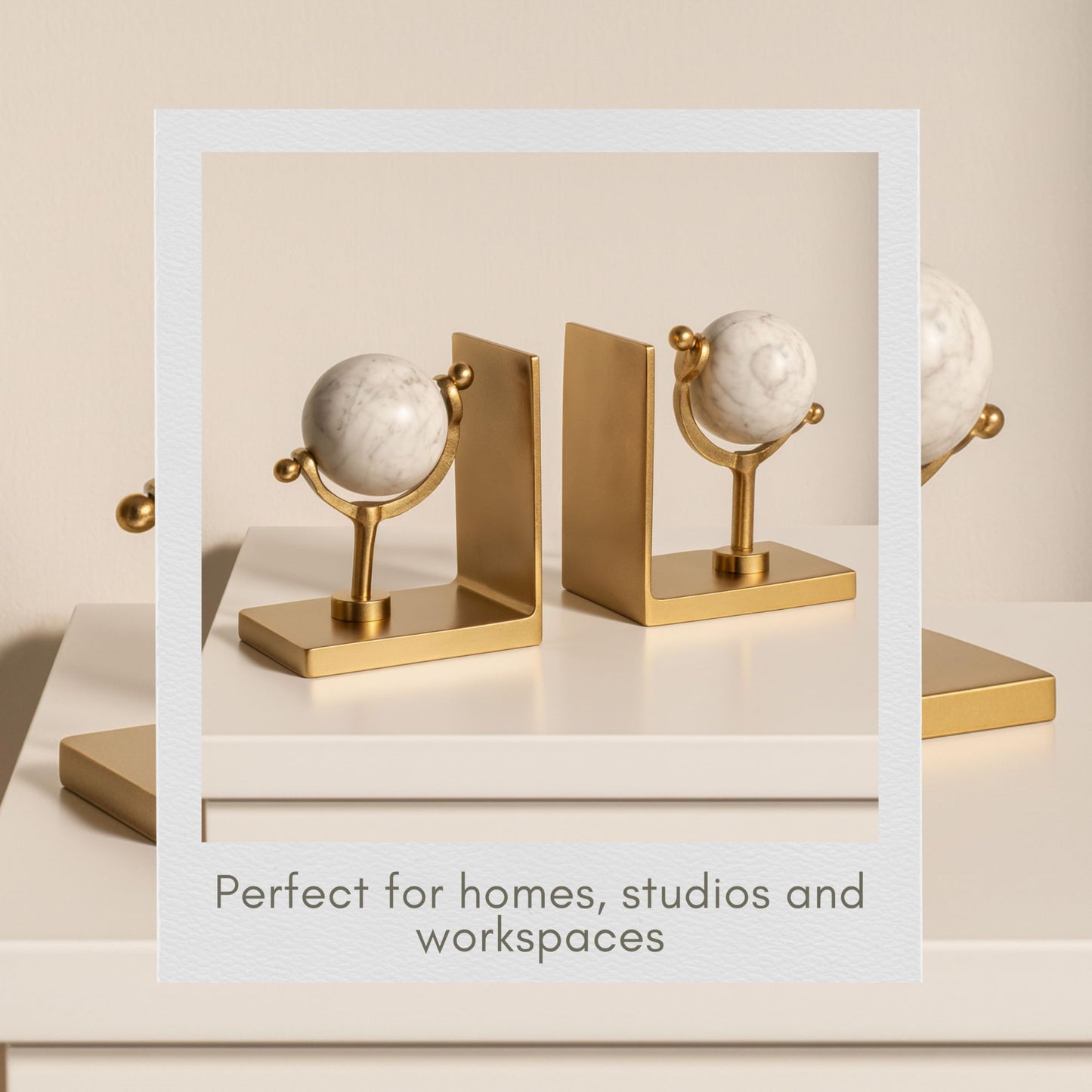 Set of 2 Marble Globe Bookends – Decorative Shelf Decor with Metal Structure and White Marble Base – Modern Home Decor Accent for Bookshelves Desks and Office Styling, 65", Gold & White