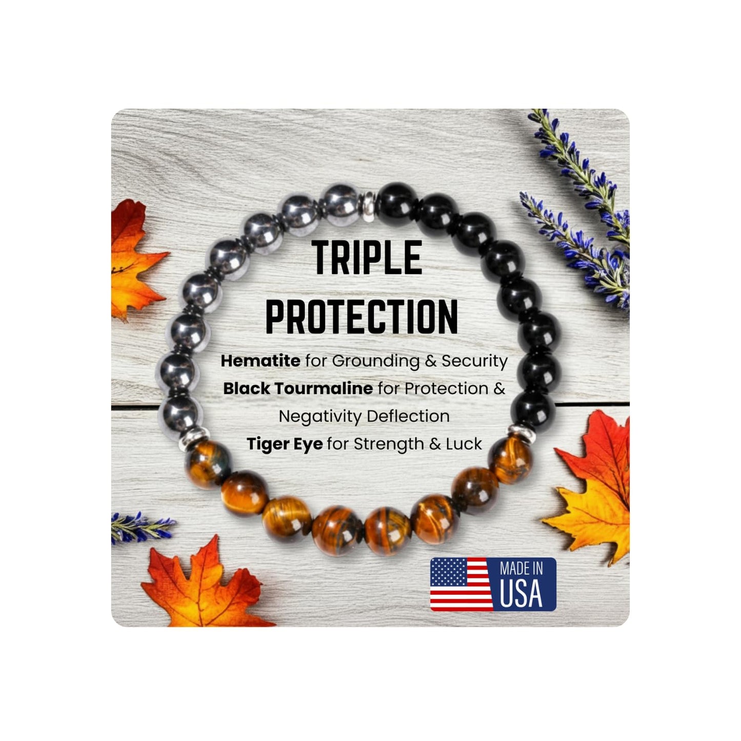 AKDNZ Triple Protection Bracelet for Women & Men - Black Tourmaline, Tiger Eye & Hematite Bracelets, Natural Healing Crystal Stone, Men's Beaded Bracelet for Father & Mother Day, Christmas & Birthday