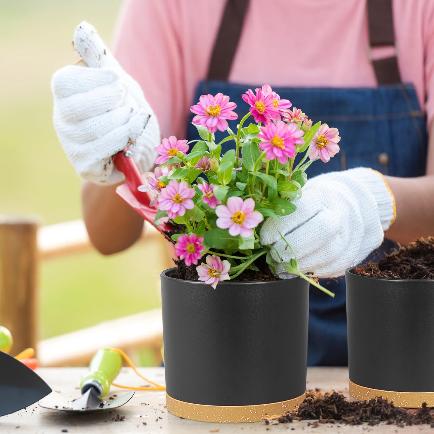 Meowell 8/7/6 inch Flower Pots, 3 Pack Cylinder Plant Pots for Outdoor Indoor Plants, Decorative Plastic Planters with Drainage Holes and Saucers for Garden House Plants, Black with Brown