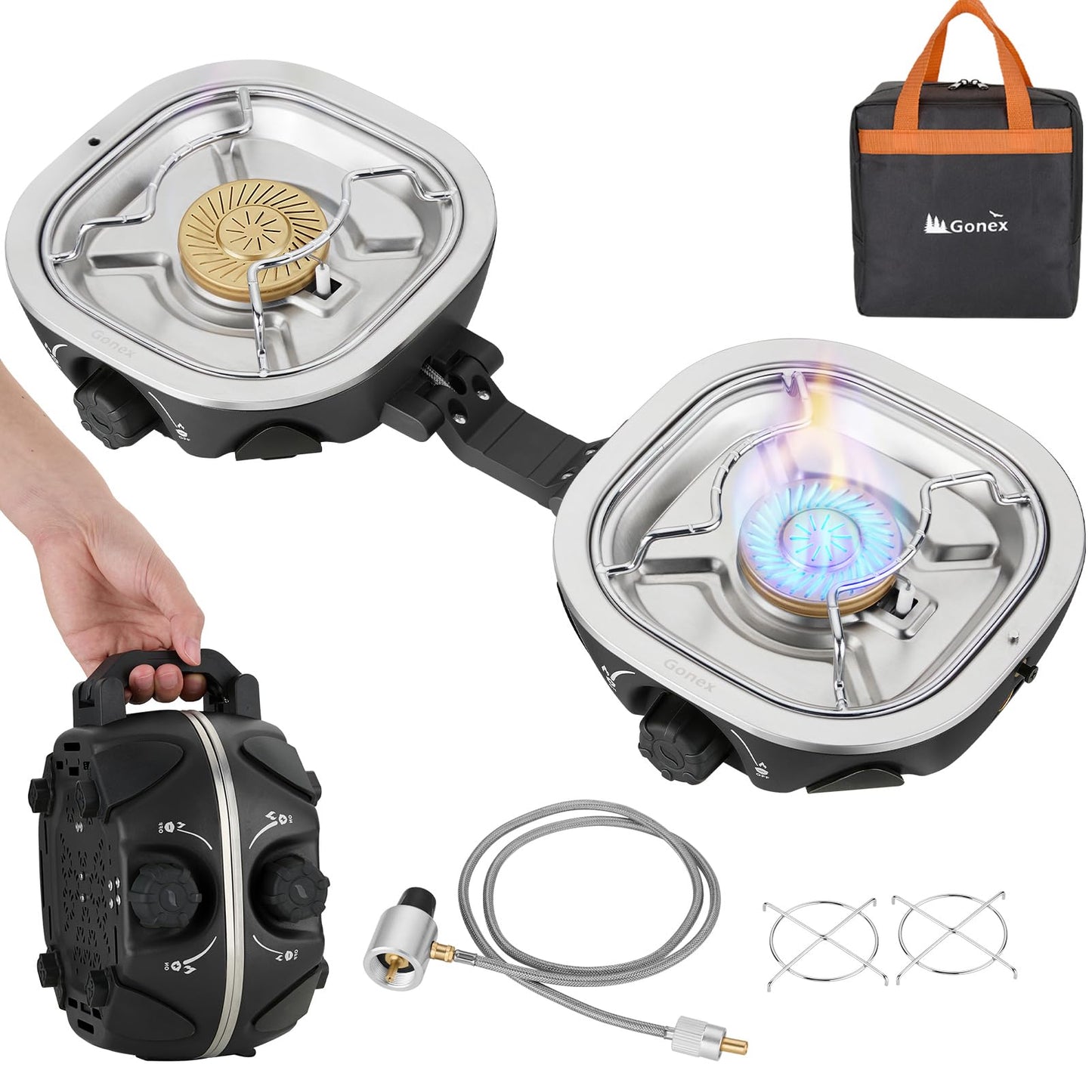 Gonex Propane Camping Stove, Portable Folding Camp Stove 20,000 BTUs AeroFlame 2 Burner with Precision Flame Control & Removable Pot Stands for Camping, Hiking, Patio, BBQ(Black)
