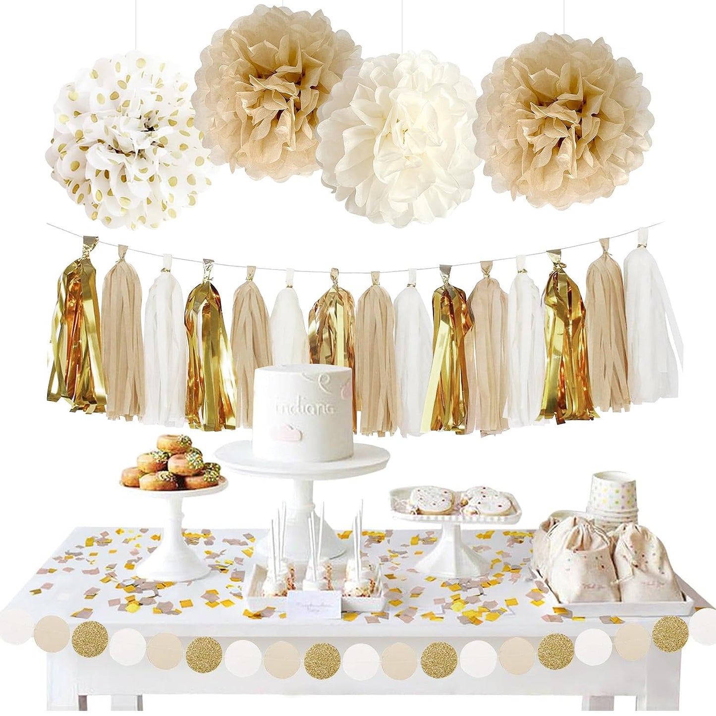 Upgraded Gold White Birthday Party Decorations for Girls Women Men with Happy Birthday Sash,Banner,Tissue Pompoms,Circle Dots Garland,Paper Tassels Garland, cake topper for Her Decor