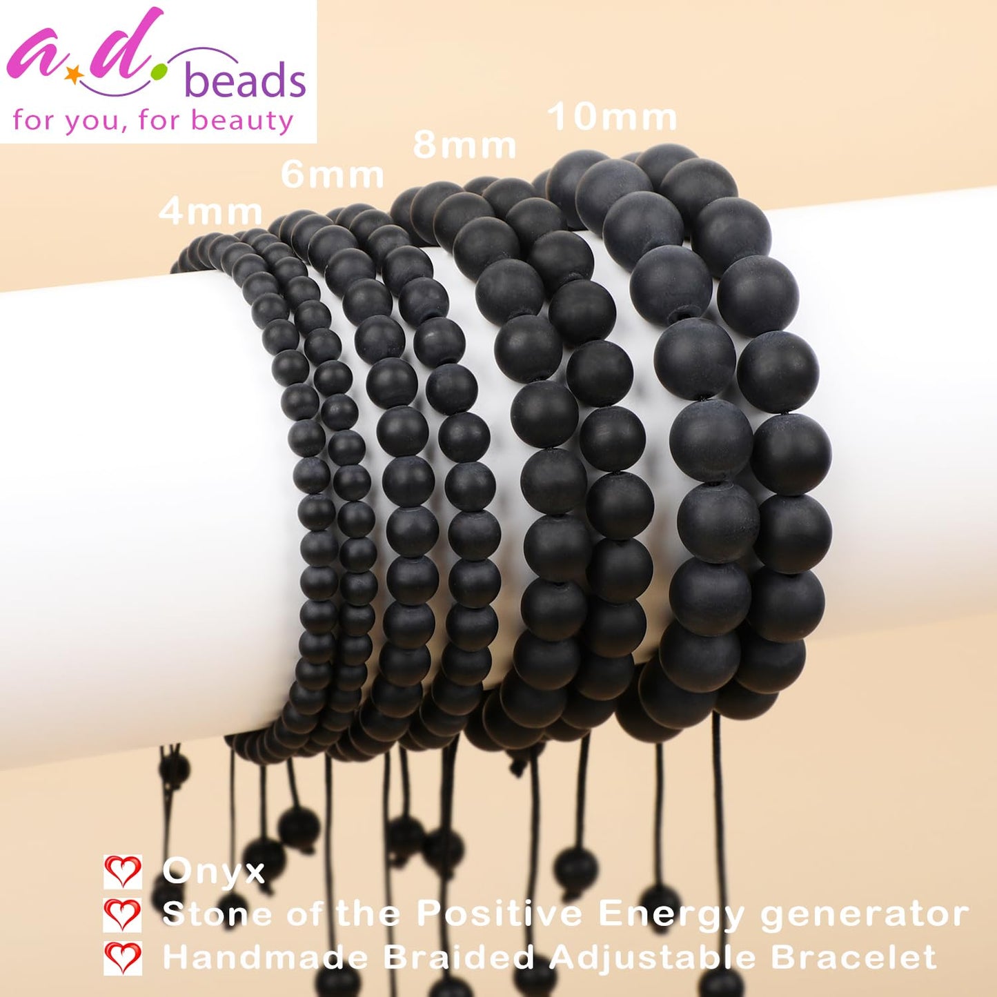 AD Beads 8mm Matte Onyx - Positive Energy - Handmade Natural Stone Crystal Bracelet with Adjustable Macrame String - Yoga Healing Power Energy Gifts for Men and Women