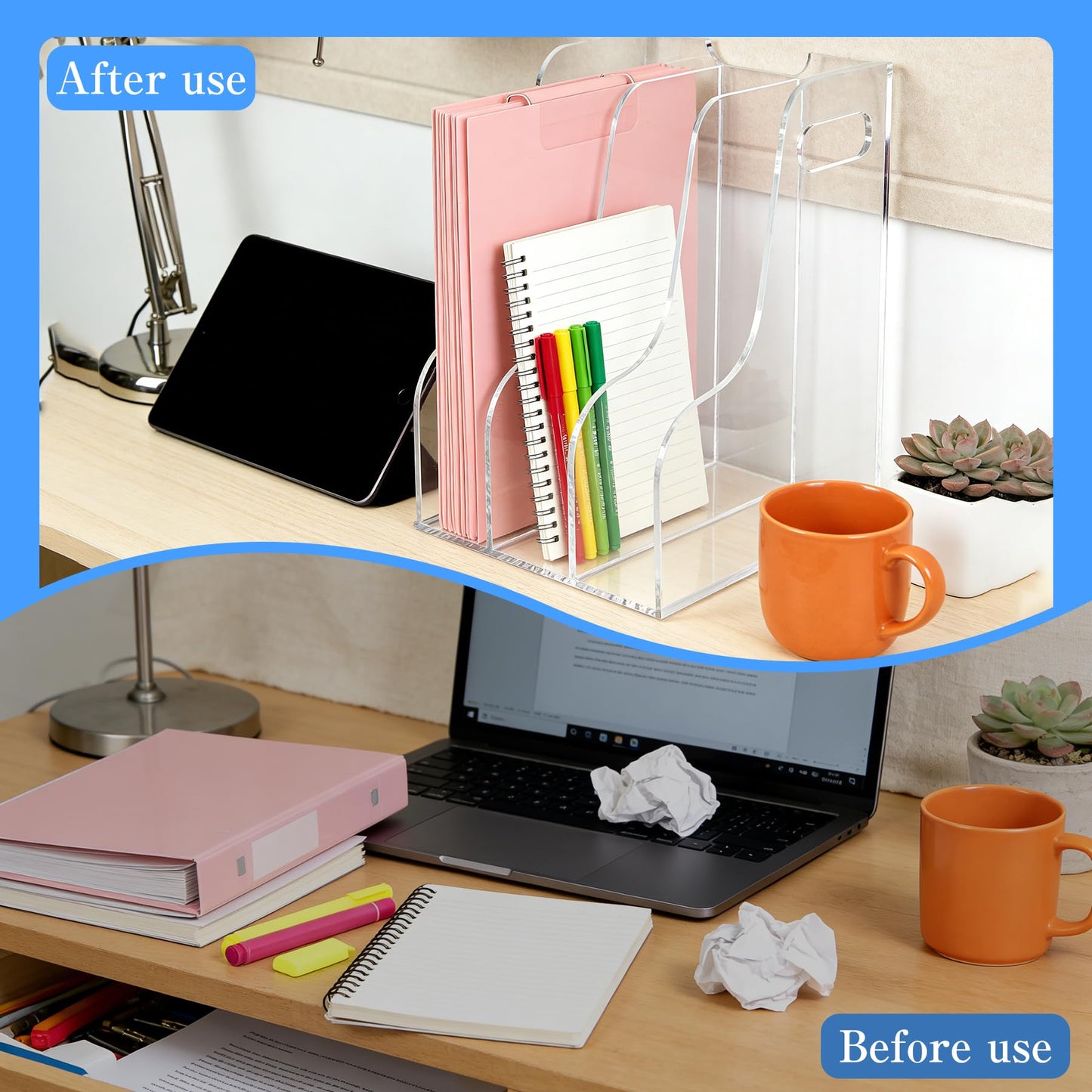 ZESHIHAOGUO 3-Tier Clear Acrylic File Holder, Vertical Document Organizer for Magazines, Binders, Notebooks & Envelopes - Multi-Purpose Desk Storage for Home Office（A4,3 Sections）