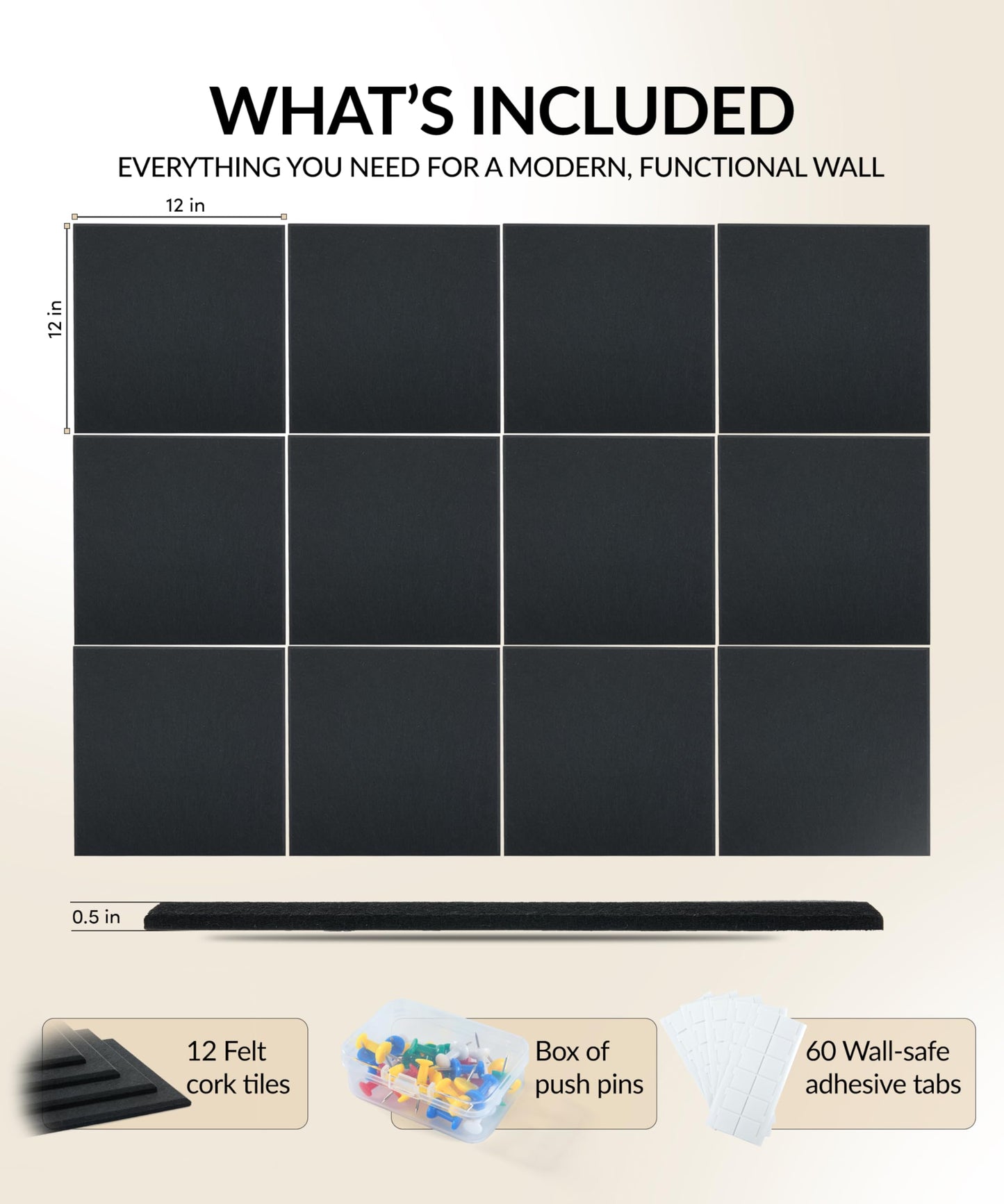 Large Felt Bulletin Board 48" x 36" with Push PINS & Wall Safe Adhesive Tabs – Modern Large Cork Board for Walls in Home or Office, Versatile Felt Board Layout, Cork Board, Vision Board, Dream Board