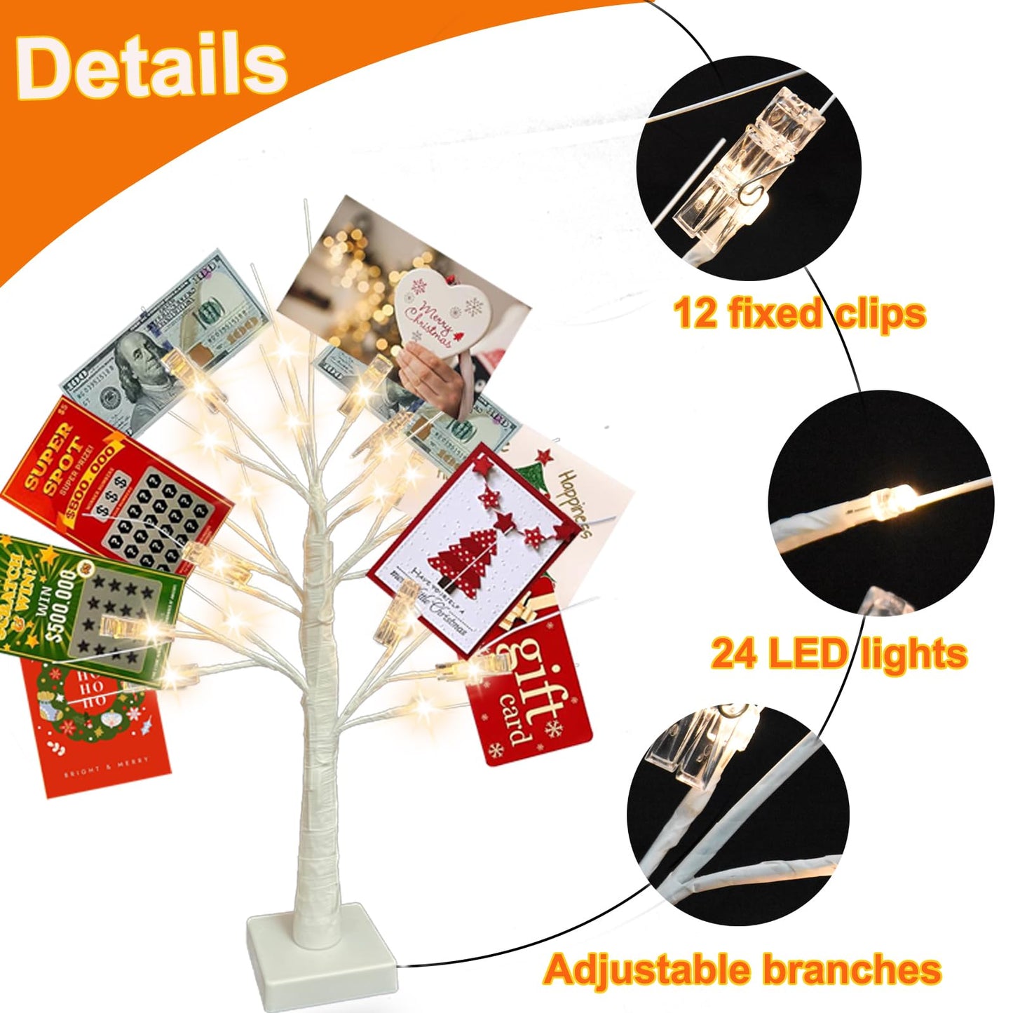2Ft Money Tree Gift Holder with 24 LED Lights & 12 Clips, Battery/USB Powered Lighted Birch Tree for Displaying Cards, Photos - Ideal for Christmas, Wedding, Birthday, Graduation Decor