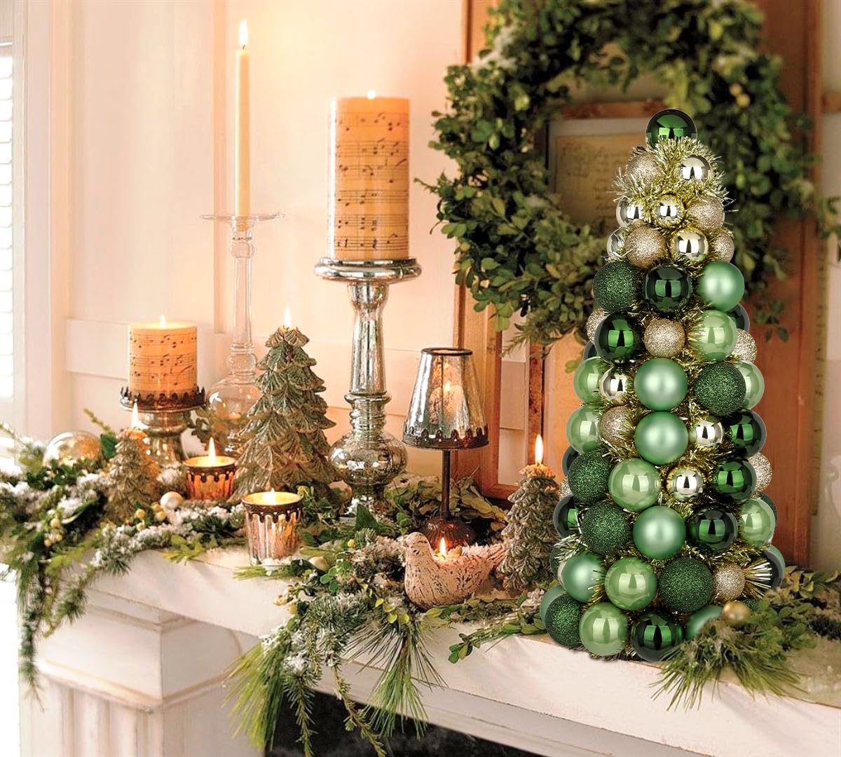 16" Tabletop Christmas Tree Small Green Gold Christmas Tree Decorations with 94 Shatterproof Ornaments Balls Christmas Centerpiece Mini Cone Xmas Tree for Holiday Party Wedding Table Desk Mantel Decor
