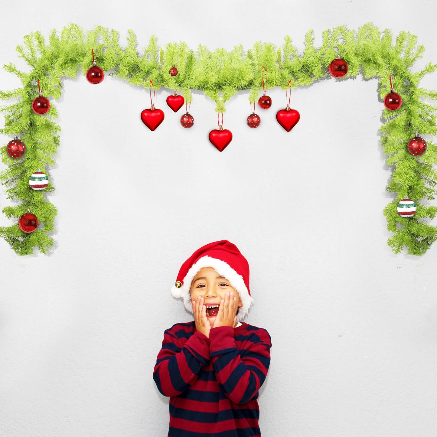 Solsew 12 ft Bright Green Whimsical Christmas Garland Holiday Garlands Indoor Outdoor Christmas Greenery Garland Decoration for Stairs Fireplace Railing Mantel Front Door Porch(Not Include Ball, Bow)