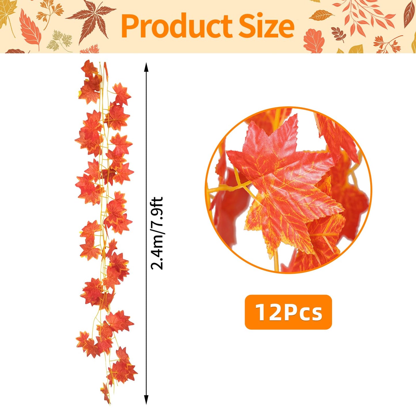 12 Pack 7.9 ft Artificial Maple Leaf Garland, 30 Leaves per Garland, Autumn Leaf Foliage Fall Decorations for Home, Garden, Room, Fireplace, Porch, Thanksgiving, Wedding, Indoor Outdoor Decor