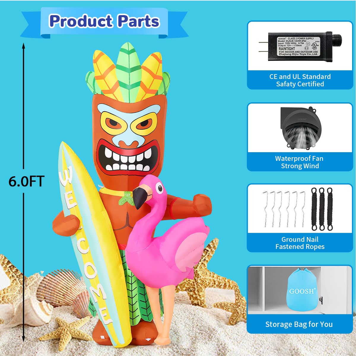 GOOSH 6 FT Summer Inflatables Tiki Luau Decorations Blow Up Yard with Flamingo and Surfboard Built-in LEDs for Hawaiian Party Beach Surfing Yard