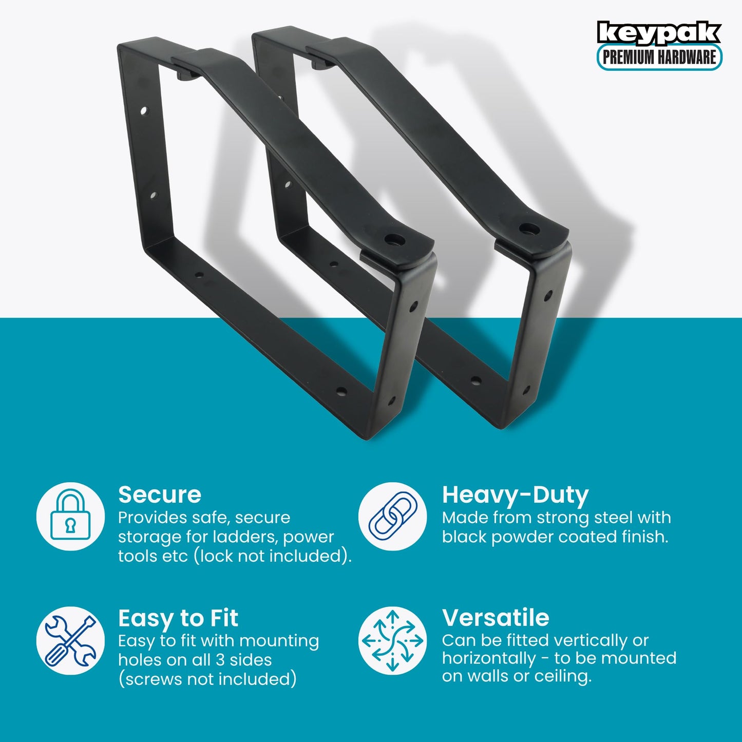 Keypak ST0555B 2 Pack Universal Lockable Wall Ladder Rack Brackets Secure Storage, Black, 170 x 235 x 30 mm