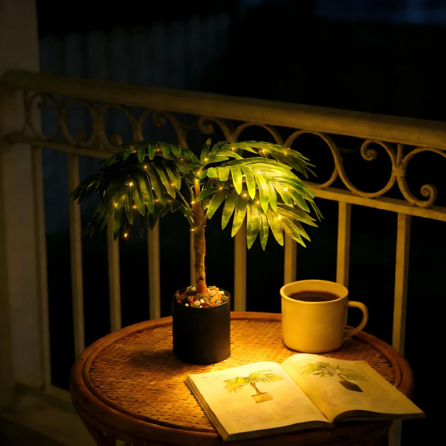 IJG 20'' Lighted Palm Tree Faux Plant with LED Lights - USB & Battery Box Powered - Artificial Palm Tree for Living Room, Home Decor, Indoor Decoration (Palm Leaf)