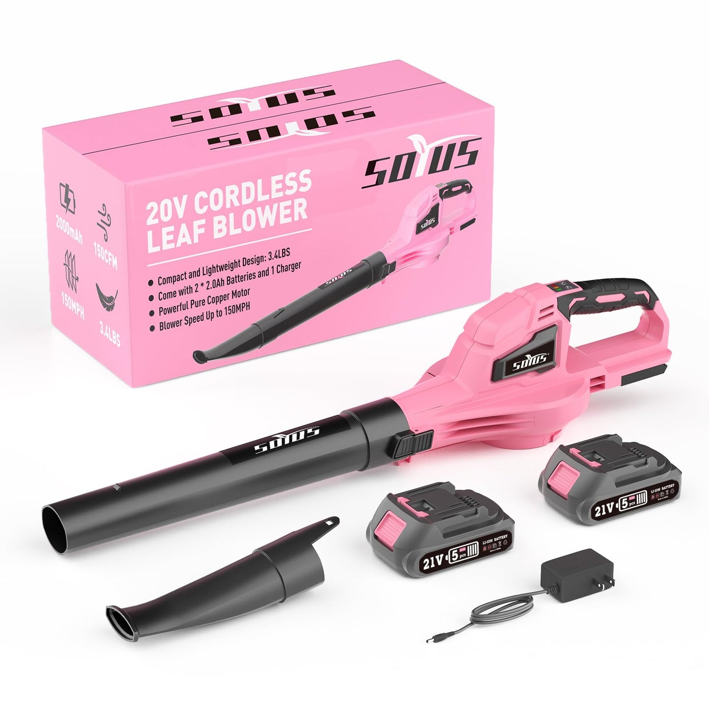 SOYUS Leaf Blower, 20V Leaf Blower Cordless with 2x2.0Ah Battery and Charger, 150 MPH Electric Leaf Blowers with Two-Speed Mode, Blowers for Lawn Care, Debris Dust Cleaning（Pink）