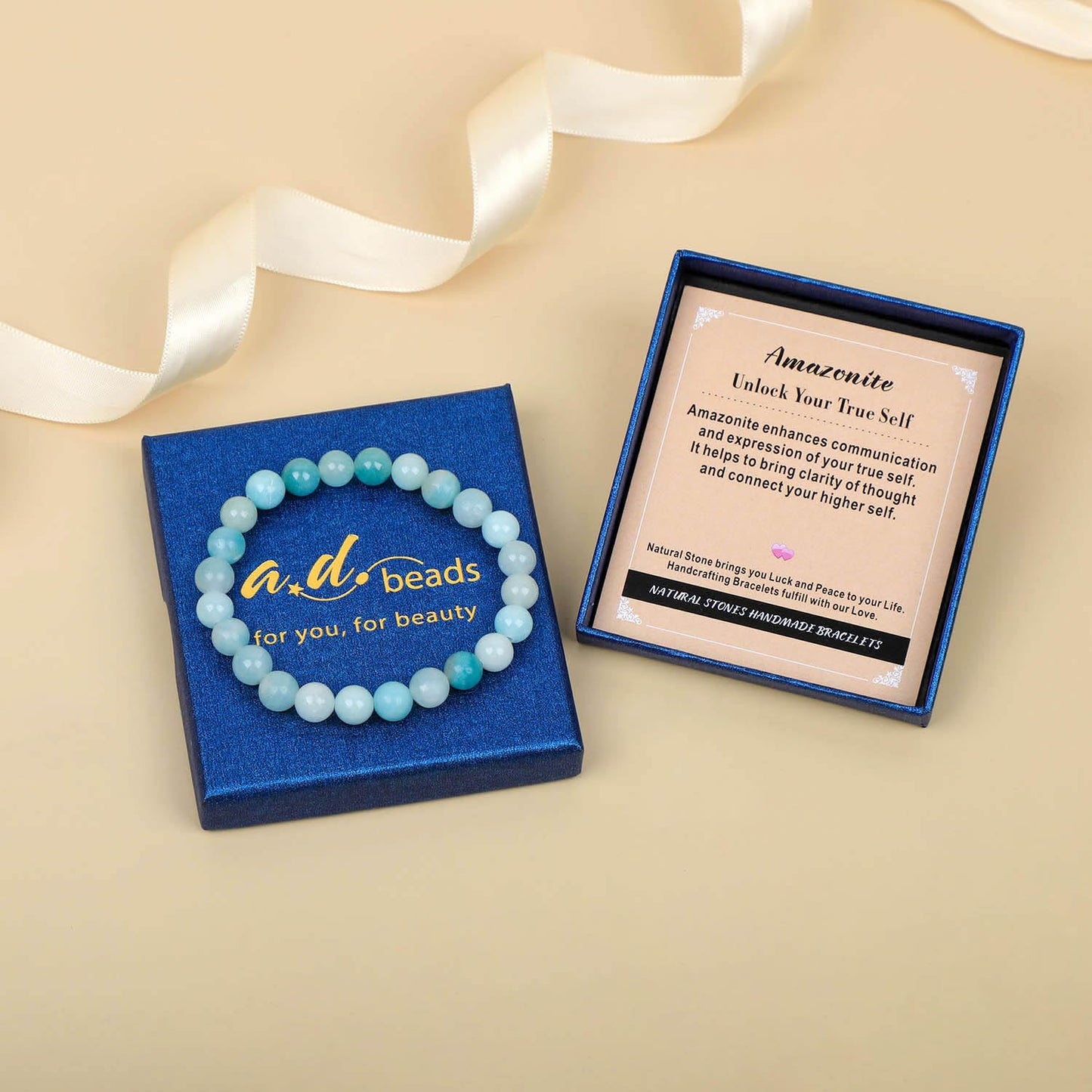 AD Beads Handmade Gemstone Stretch Elastic Bracelet Crystal Healing Reiki Nature's Beauty and Spiritual Essence Unisex (10mm, Amazonite (Unlock Your True Self))