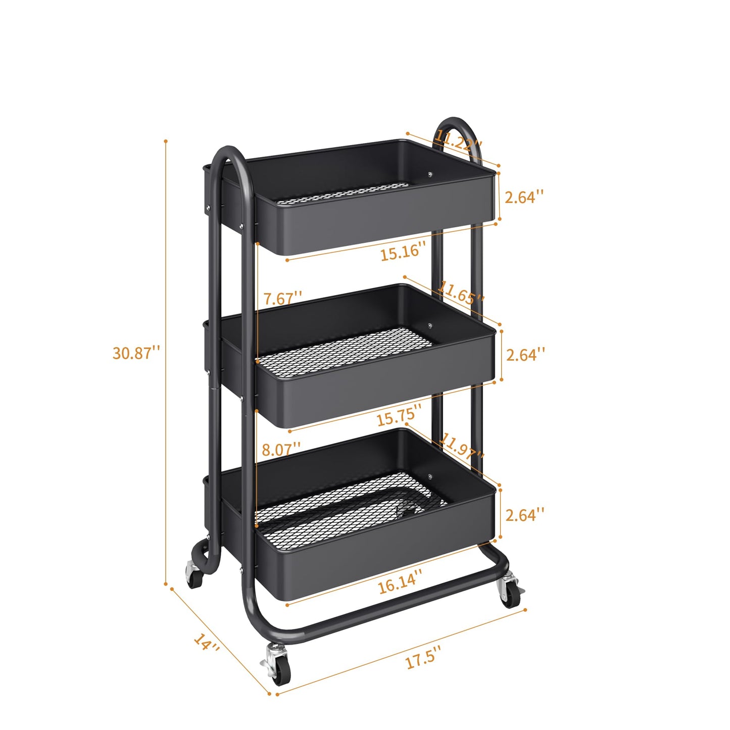 MIOCASA 3-Tier Metal Utility Rolling Cart, Heavy Duty Multifunction Cart with Lockable Casters, Easy to Assemble, Suitable for Office, Bathroom, Kitchen, Garden (Dark Gray, 3-Tier-Metal)