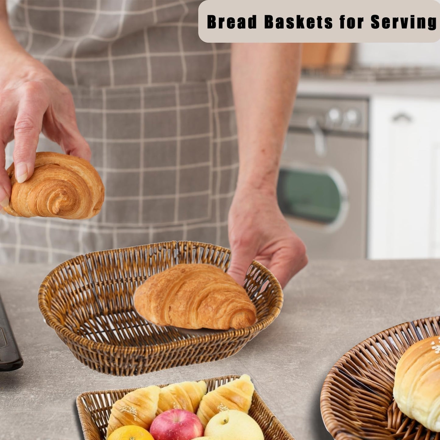 CBAOCBKVH Set of 3 Small Wicker Baskets, Bread Baskets for Serving, Handwoven Decorative Rattan Fruit Snack Food Storage Organizer for Kitchen Brown