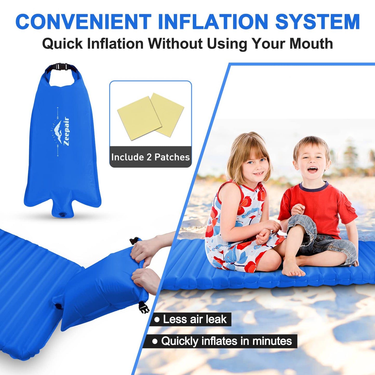 Camping Sleeping Pad, Ultralight Waterproof Inflatable Sleeping Mat with Inflation Bag, Lightweight Portable Compact Air Mattress for Outdoor Backpacking Hiking Traveling Tent Use (Single, Blue)