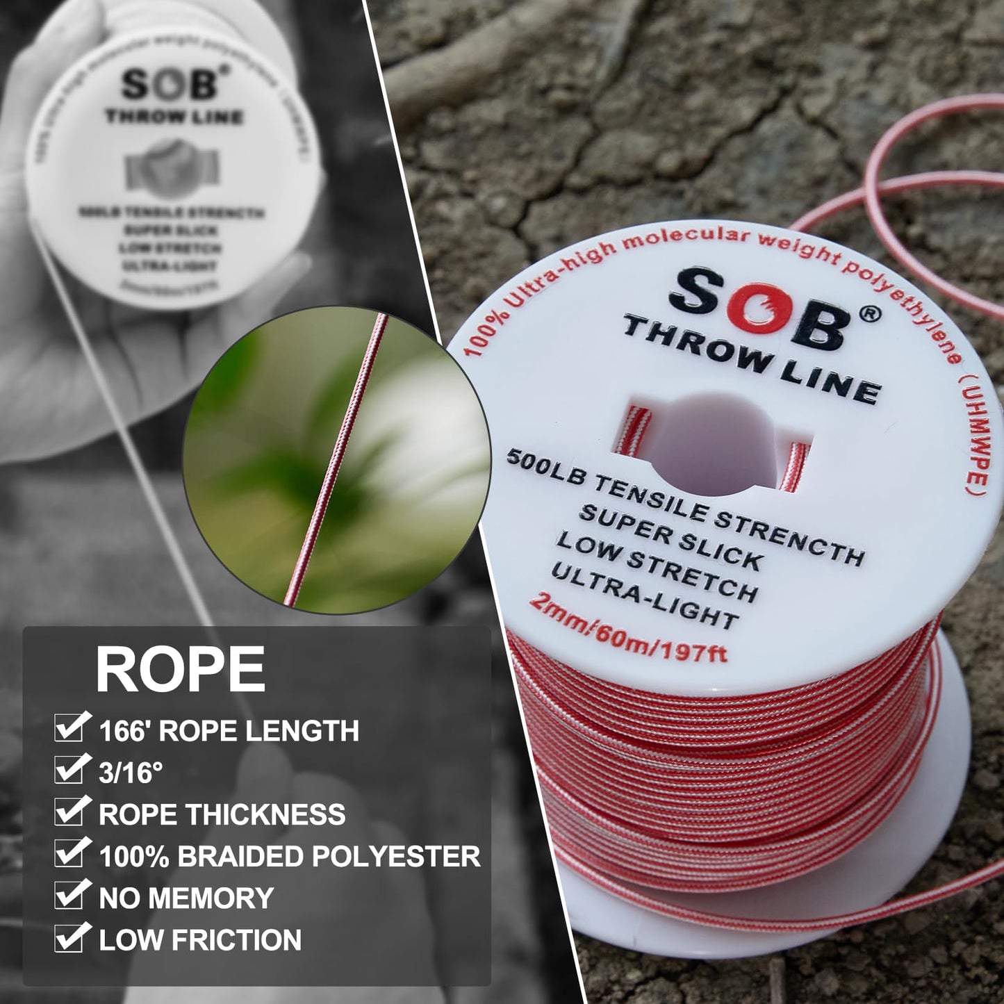 SOB Arborist Throw Line Kit with Slick Rope 197FT, Throw Weight, Reflective Storage Bag, Suit for Tree Cutting,Camping, Trimming, Hanging Swing ﻿