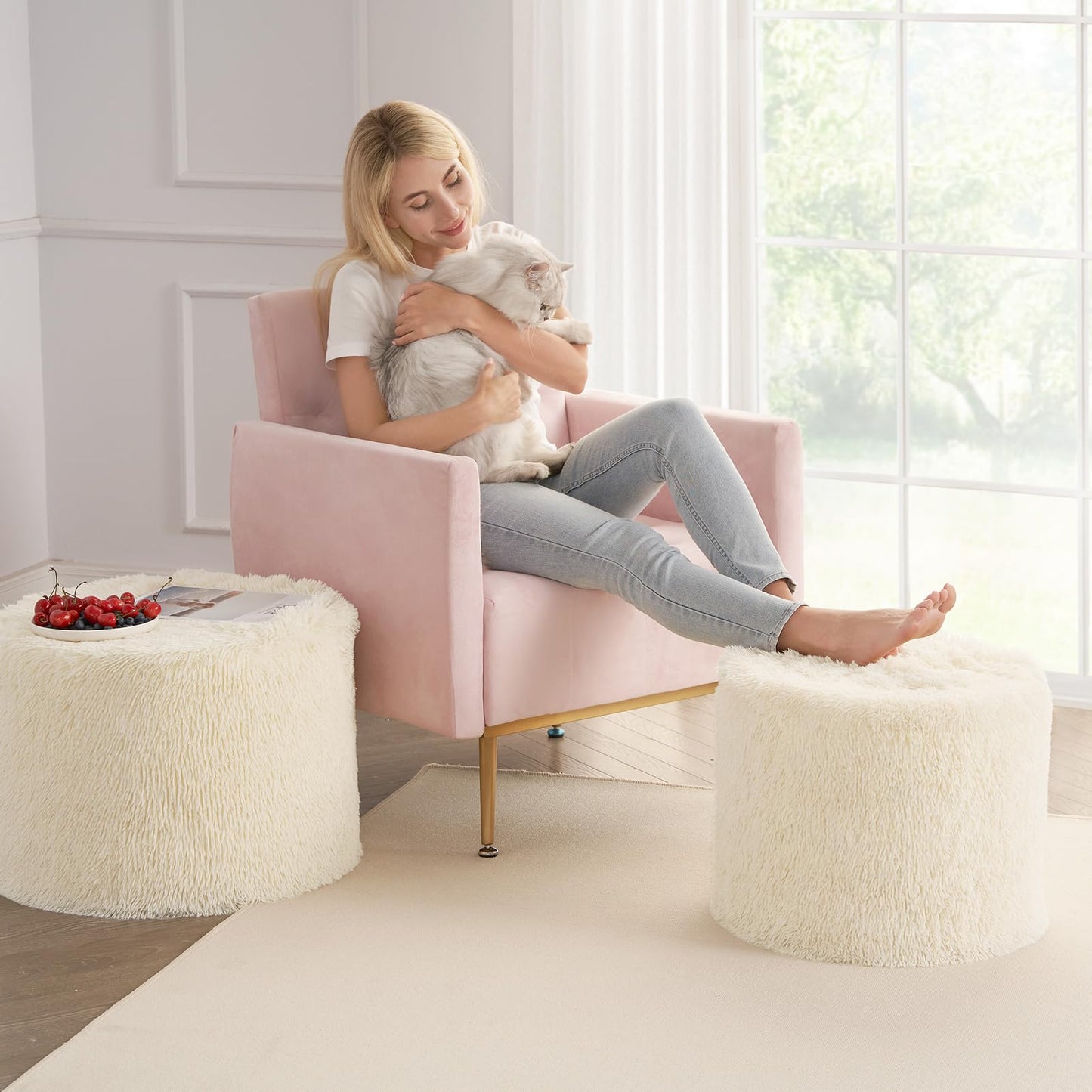 Hansleep Round Stuffed Pouf Ottoman 20 x 15, Foam Filled Faux Fur Ottoman Foot Rest for Chair with Washable Cover, Foot Stools Under Desk for Living Room & Bedroom, Beige