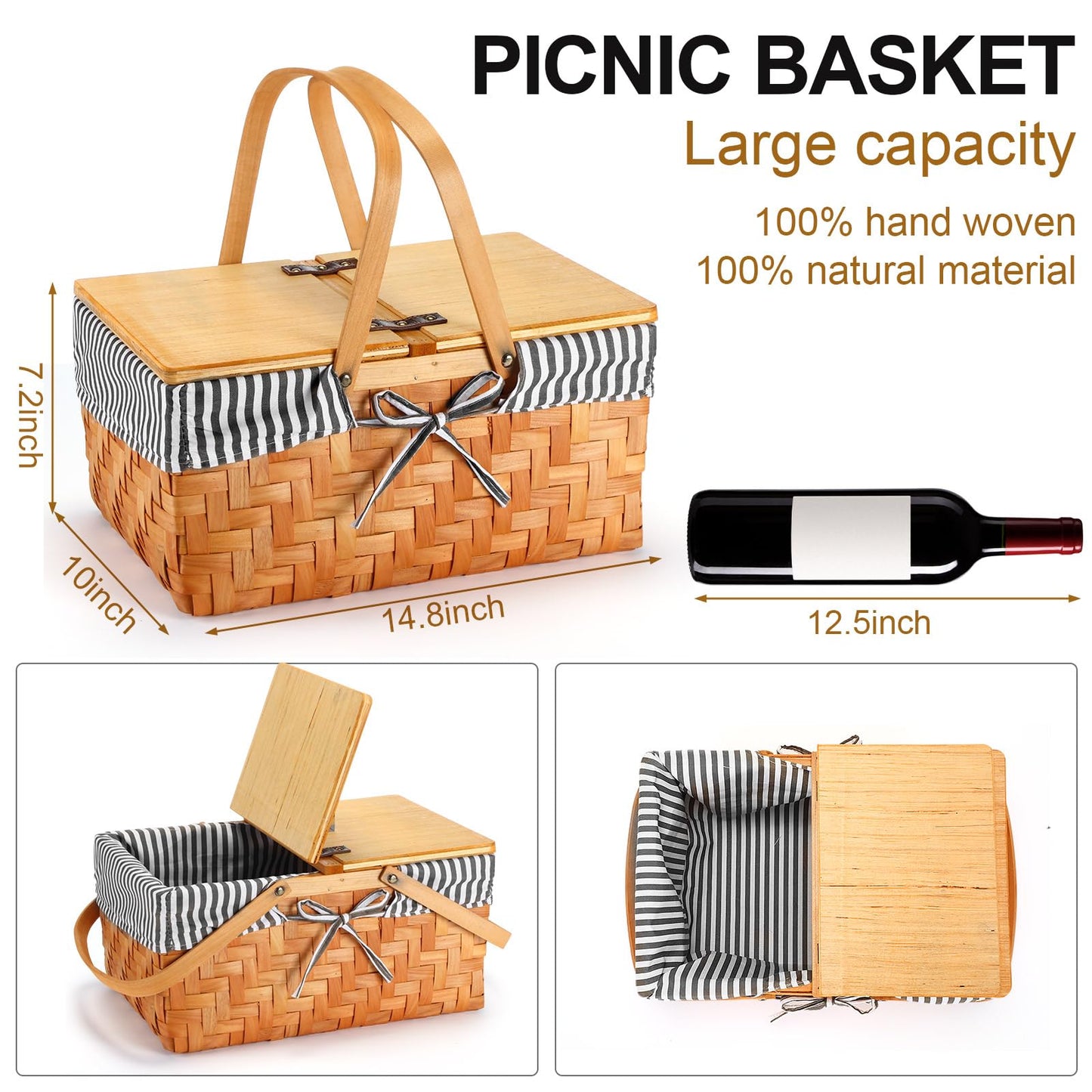 Blushtier Picnic Basket with Blankets Kit, Handwoven Natural Woodchip Basket with Lid Handle and Extra Large Foldable Waterproof Picnic Mat for Outdoor Camping Beach Grass Party Hiking Travel (Black)