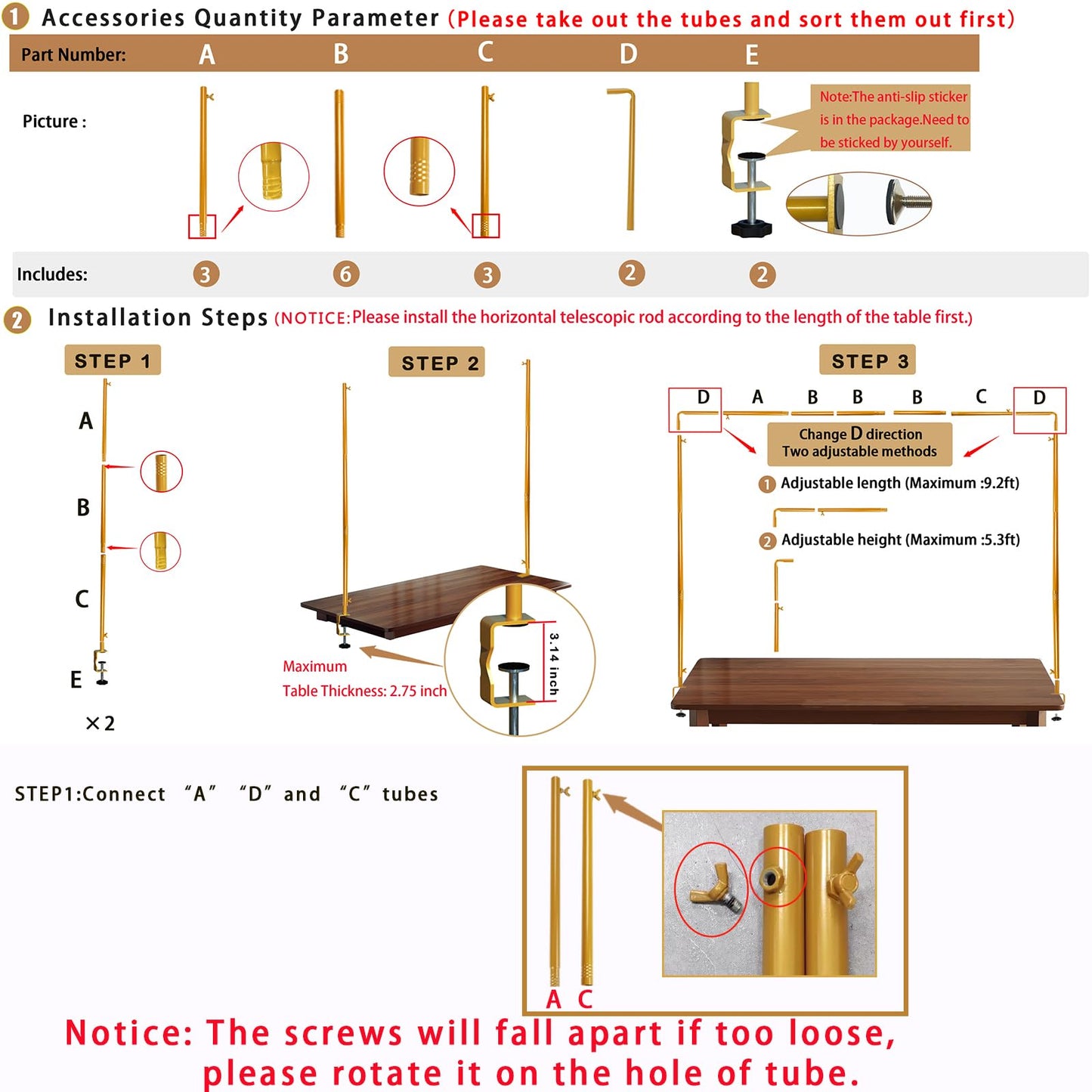 ParseBio Over The Table Rod Stand with Clamps Adjustable 31"-110'' Length 31"-64" Height Gold Table Balloon Arch Stand with Storage Bag, For Valentines Day Party Wedding Anniversary Decoration