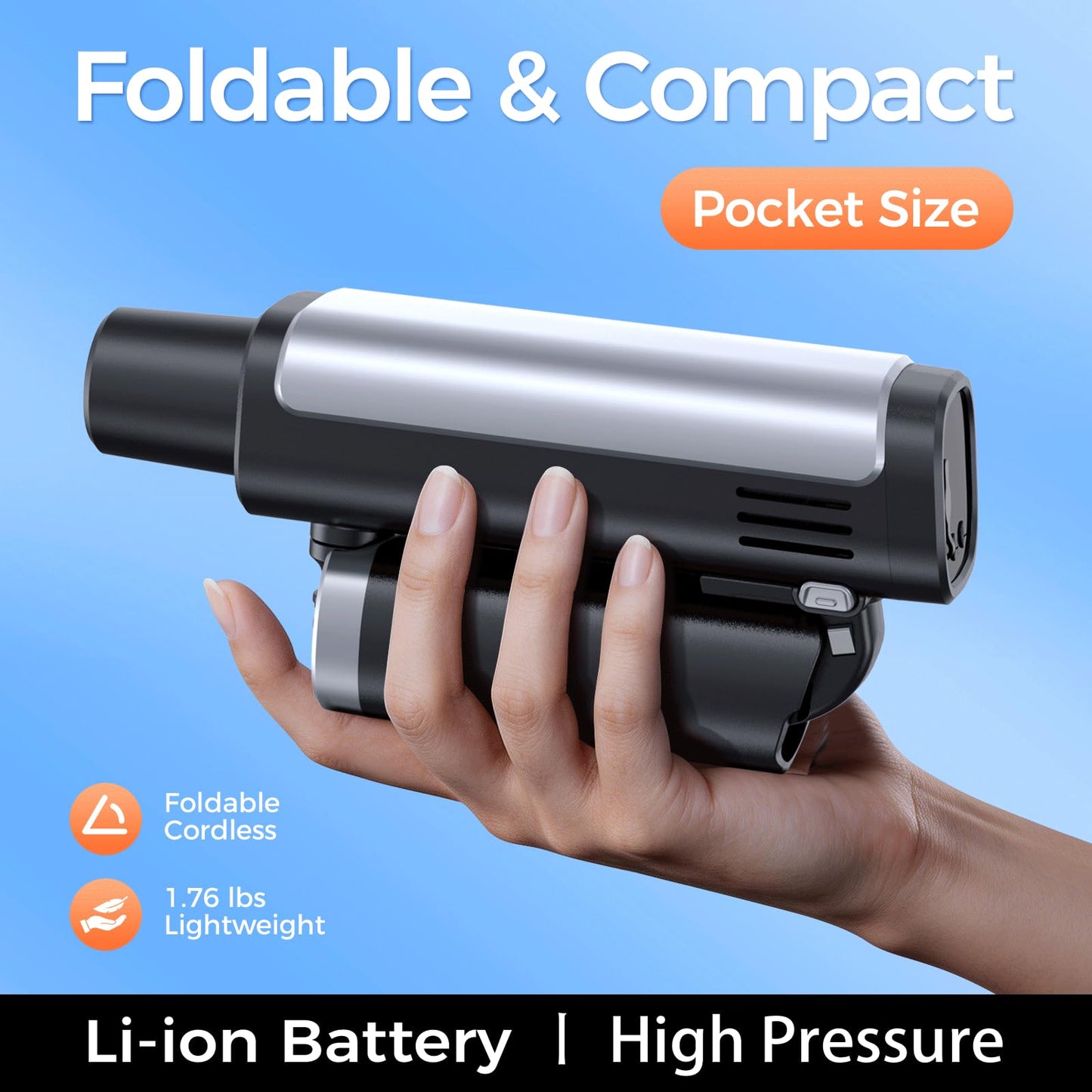 Foldable Cordless Washer, Portable Battery Washer with 5-in-1 Nozzle, 3 Levels & LCD Display, Handheld Washer for Car, Bike, Patio & Camping (Black)