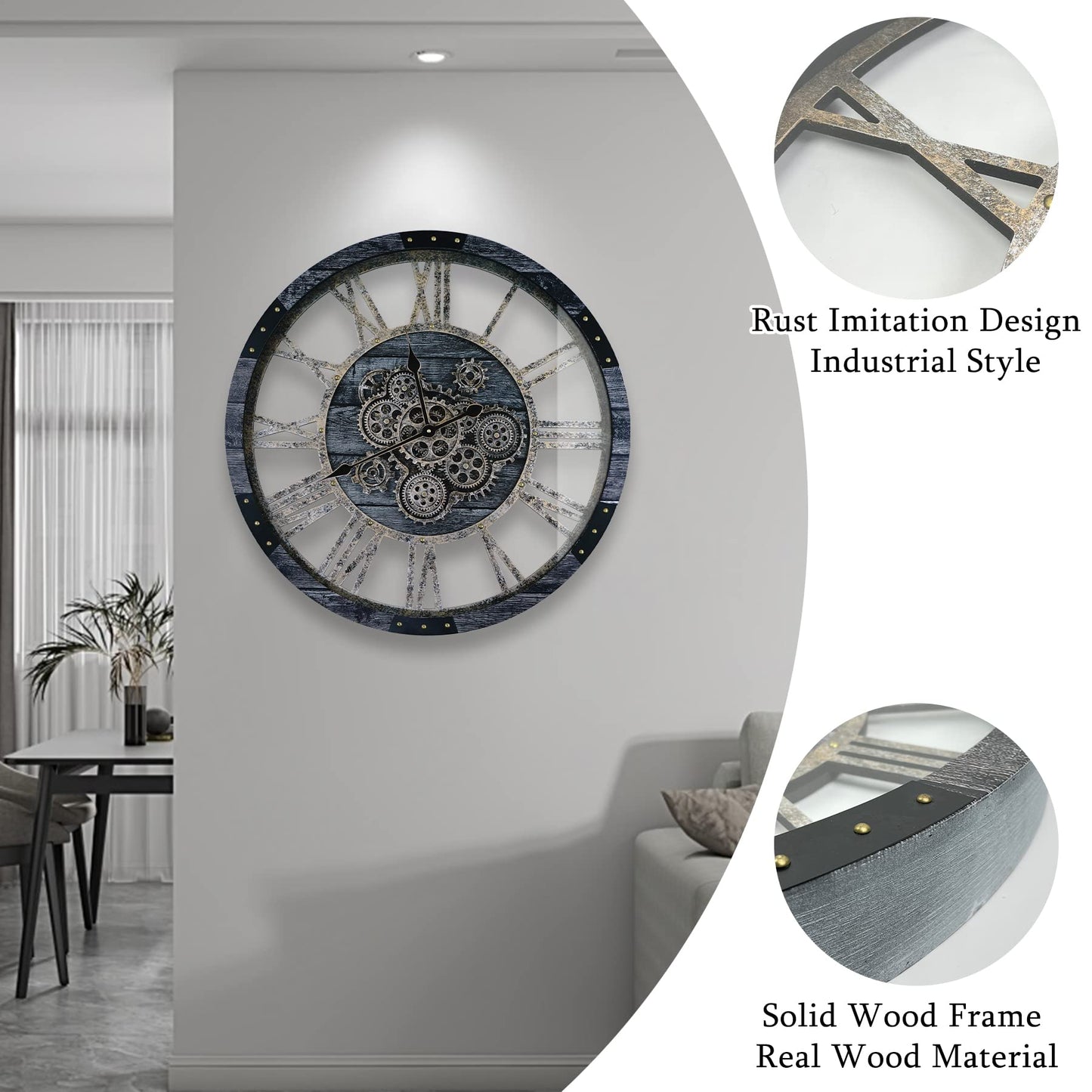 TOPPTIK 30 Inch Industrial Steampunk Wall Clock, Gray, Battery Operated, Real Rotating Gears, Solid Wood Frame, Oversized Wall Clock for Living Room Decor