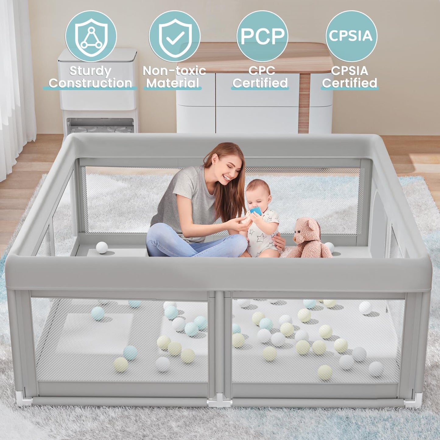 Hiaksedt Baby Playpen 50x50 Inch, Play Pens for Babies and Toddlers Baby Fence Play Yards for Indoor & Outdoor with Breathable Mesh Anti-Fall Playpen