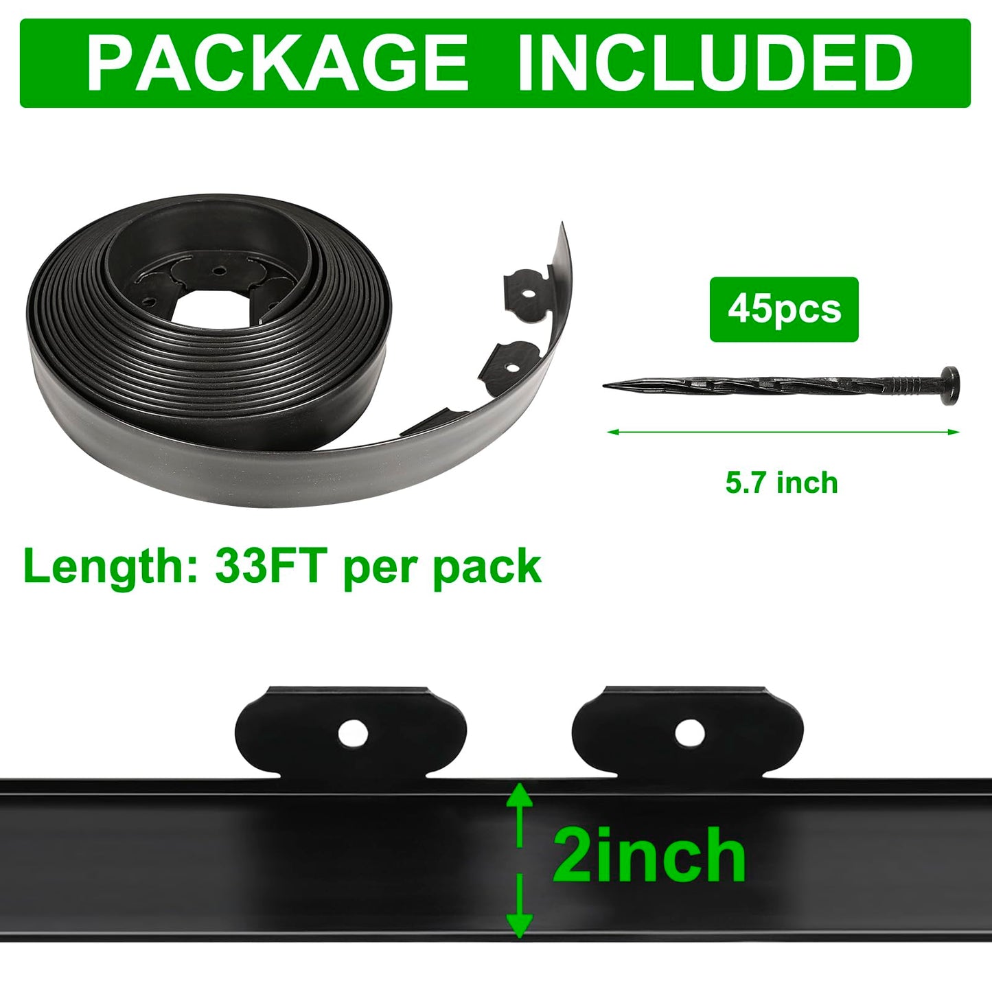JERIA 2 Inch Tall 33 FT Garden Edging Kit with 45pcs Spikes, Plastic Edging for Landscaping