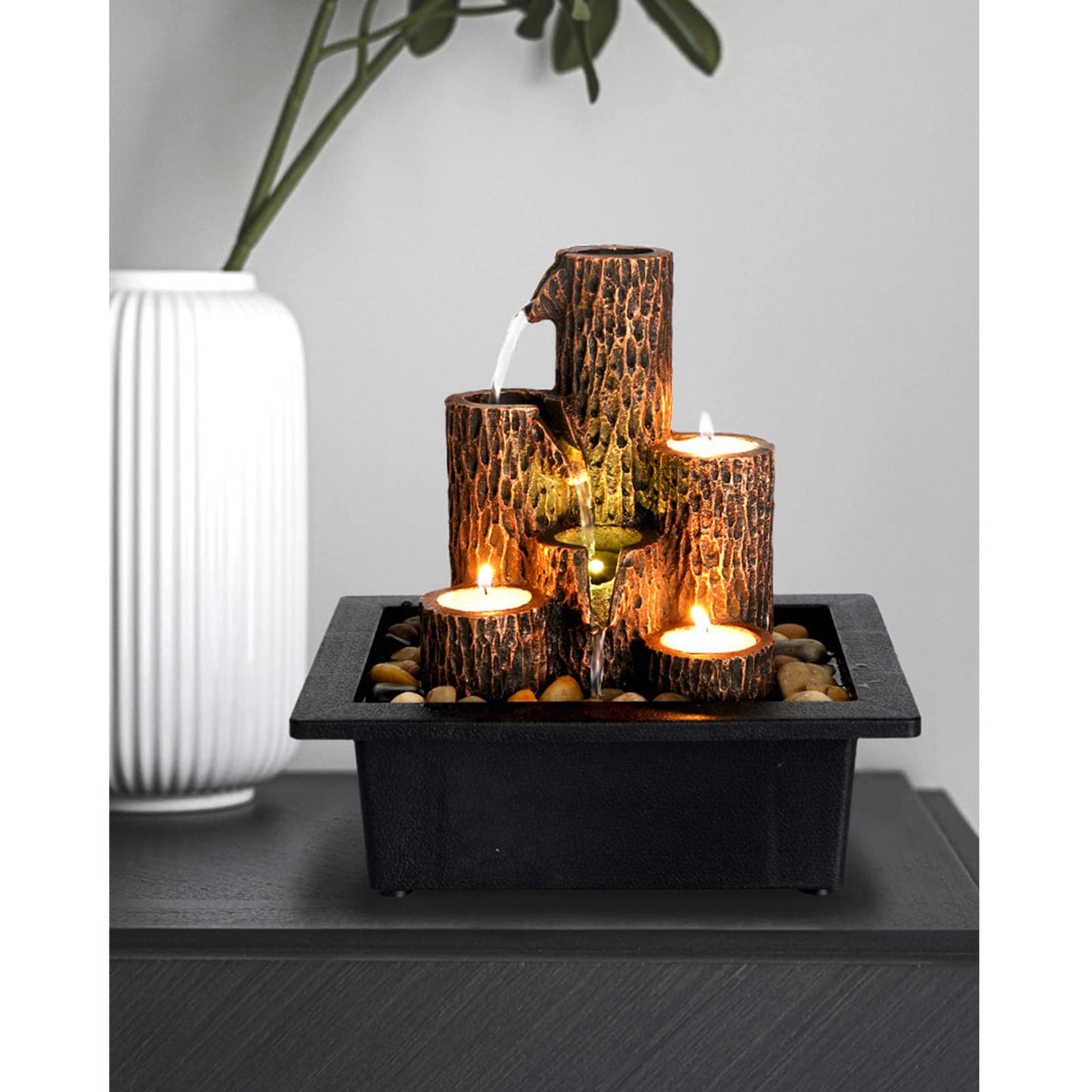 Tabletop Fountains Rock Waterfall Fountain with Rotating Ball and LED Lights, Water Feature Includes Natural River Rocks for Home Office Decor (C)