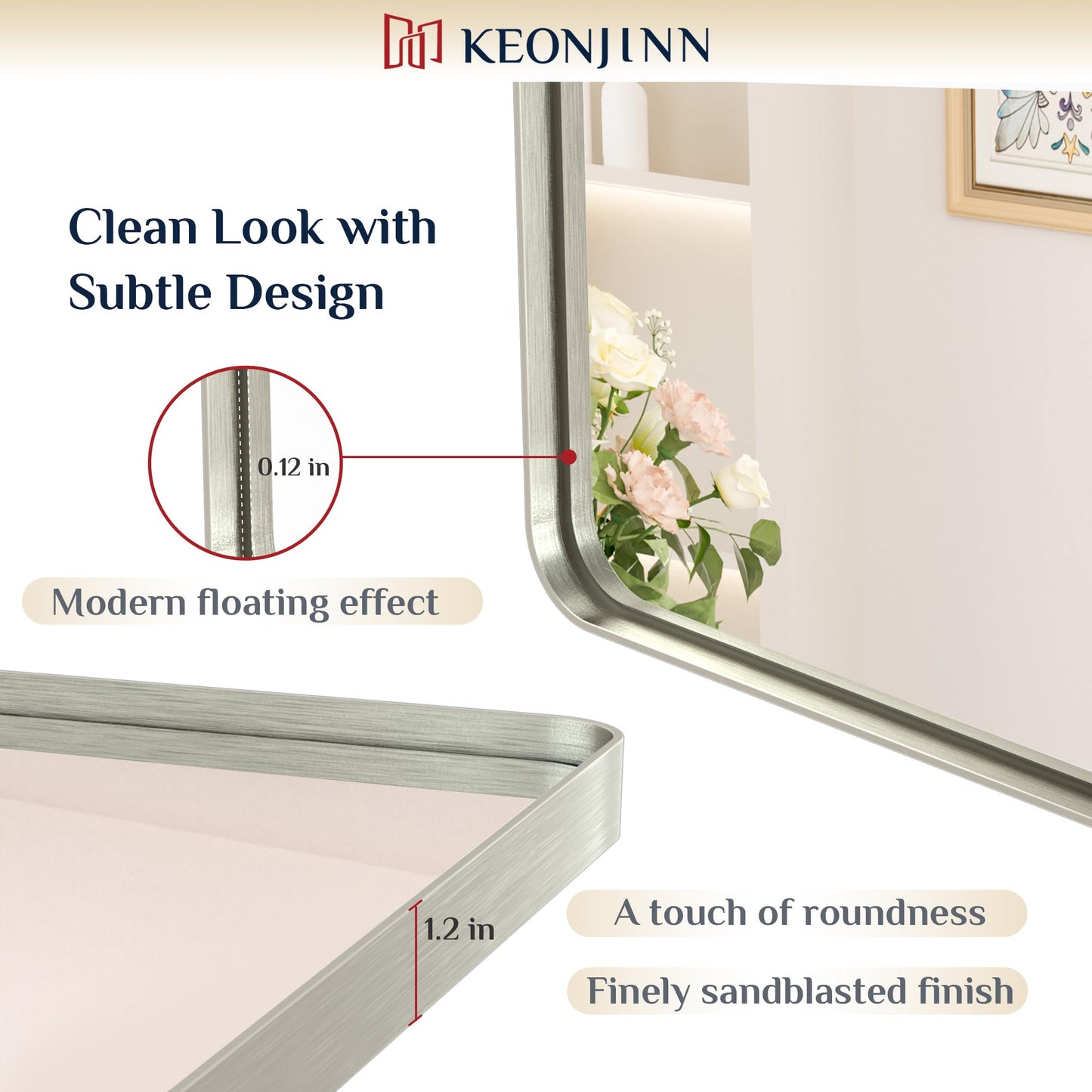 Keonjinn 20 x 30 Inch Brushed Nickel Bathroom Mirrors for Over Sink, Rounded Rectangle Silver Bathroom Vanity Mirror, Farmhouse Mirror for Wall, HD Tempered Glass, Anti-Rust Aluminum Alloy Mirror