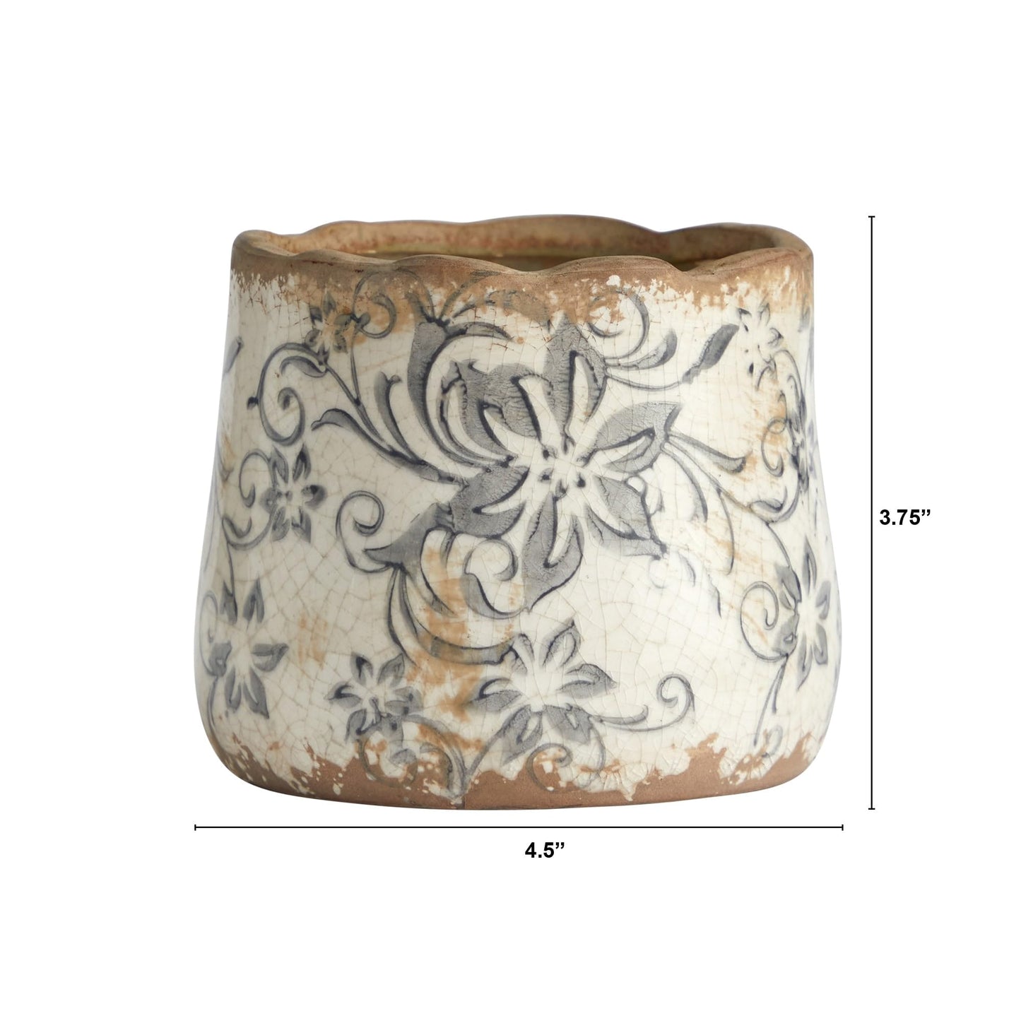 Nearly Natural 4.5" Tuscan Ceramic Gray Scroll Planter