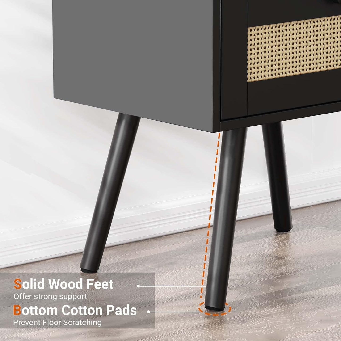 SUPERJARE Nightstand with Charging Station & Rattan-Like Decor Drawer, Rattan End Table with Solid Wood Feet, Bed Side Table with Open Storage, for Bedroom, Living Room, Dormitory - Black