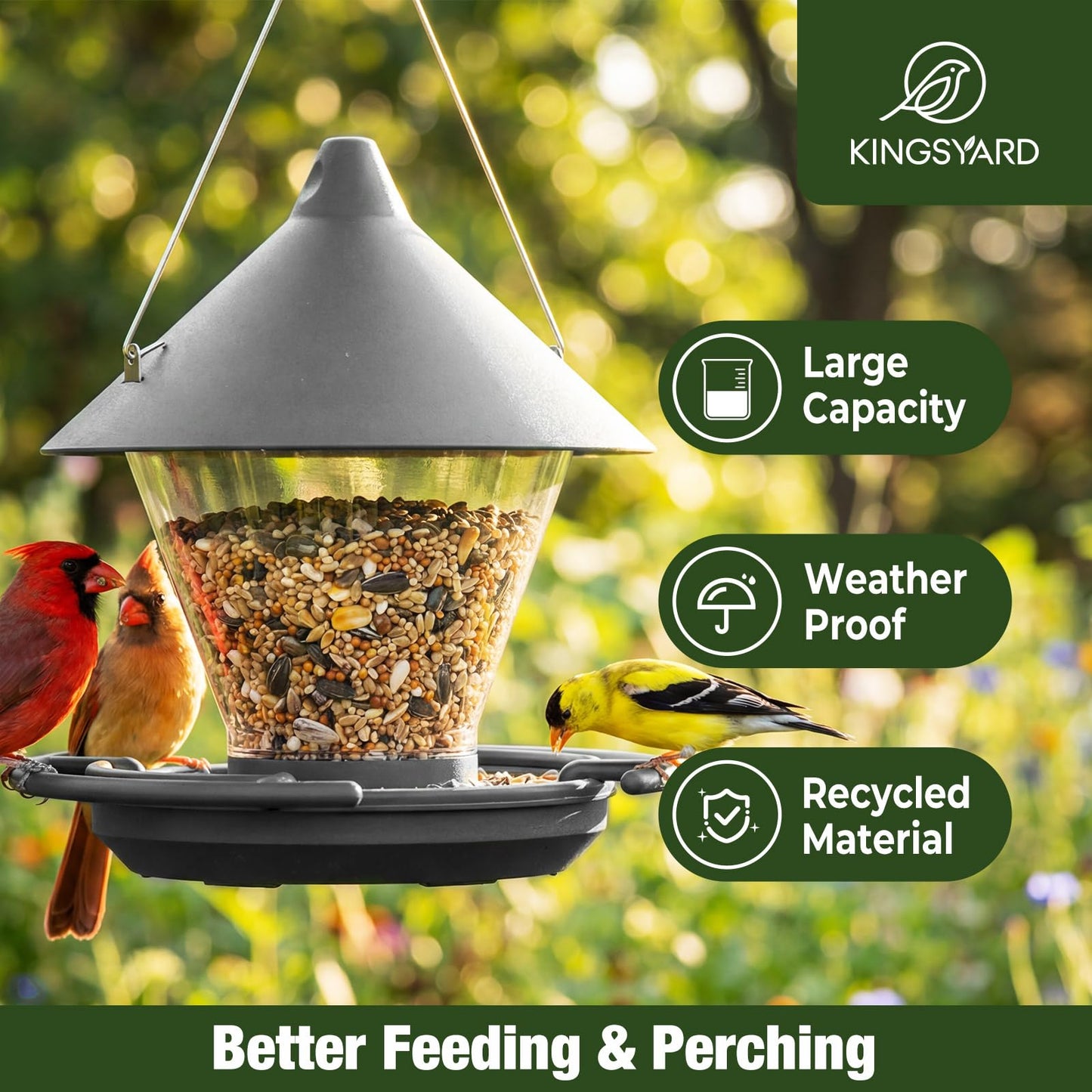 Kingsyard Wild Bird Feeder for Outdoors Hanging, No-Waste Tray with Seed Guard & Circular Perch, Garden Yard for Cardinal Finch, 4 lb Large Capacity, Grey