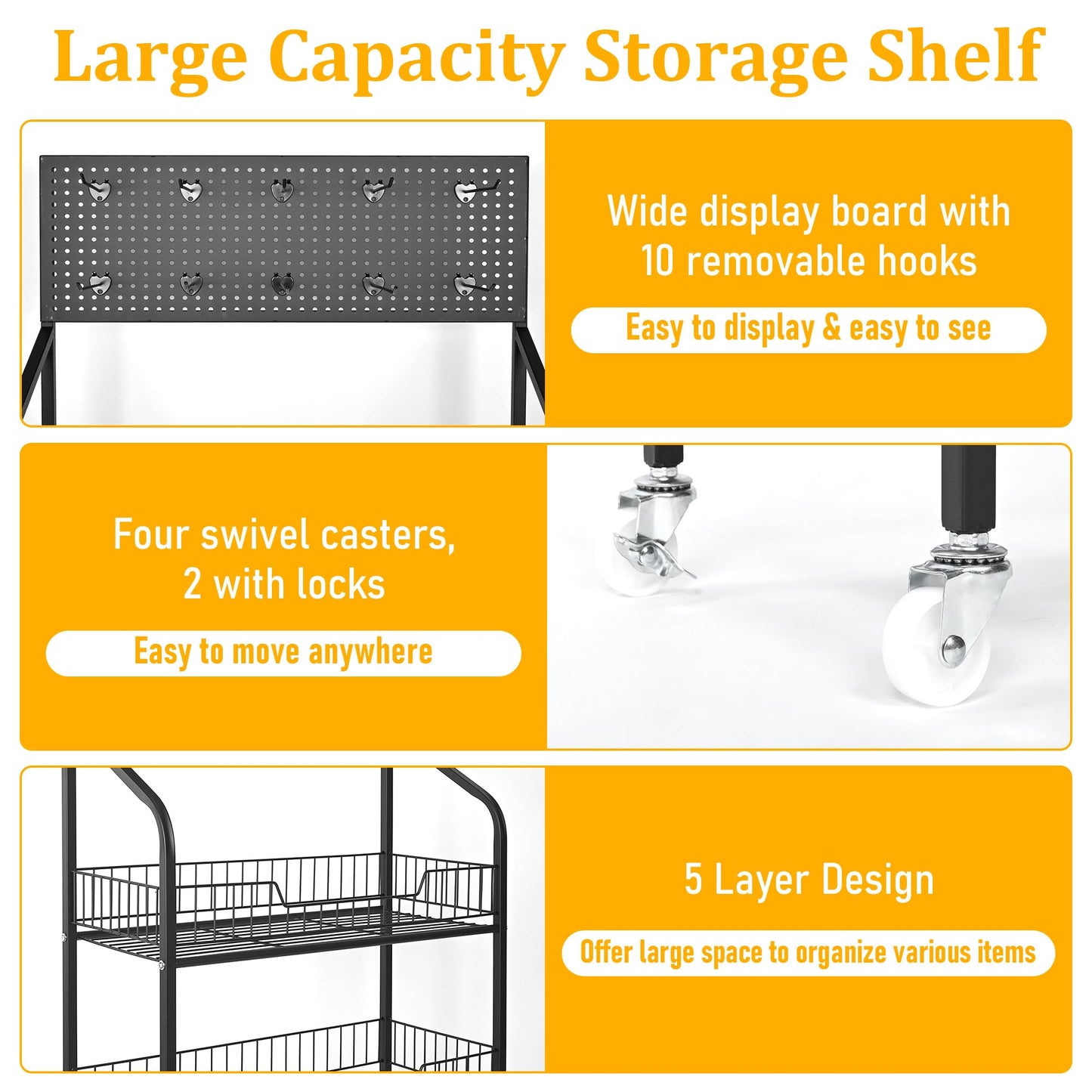 Qriocioa Retail Snack Display Stand,5-Tier Black Metal Storage Shelf Brackets with Wheels & Hooks,Metal Storage Shelves Heavy Duty, Retail Display Shelves Racks,Snack Organizer Stand Display Supplies