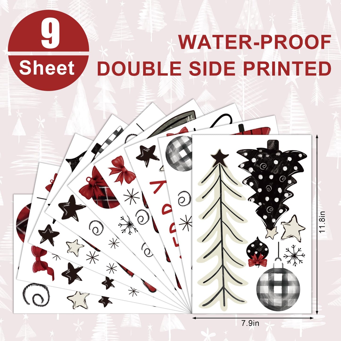Whaline 9 Sheets Merry Christmas Window Clings Red Black Xmas Tree Ball Snowflake Window Stickers Plaid Polka Dot Design Double-Side Glass Decals for Home Party Decorations, 7.9 x 11.8 Inch