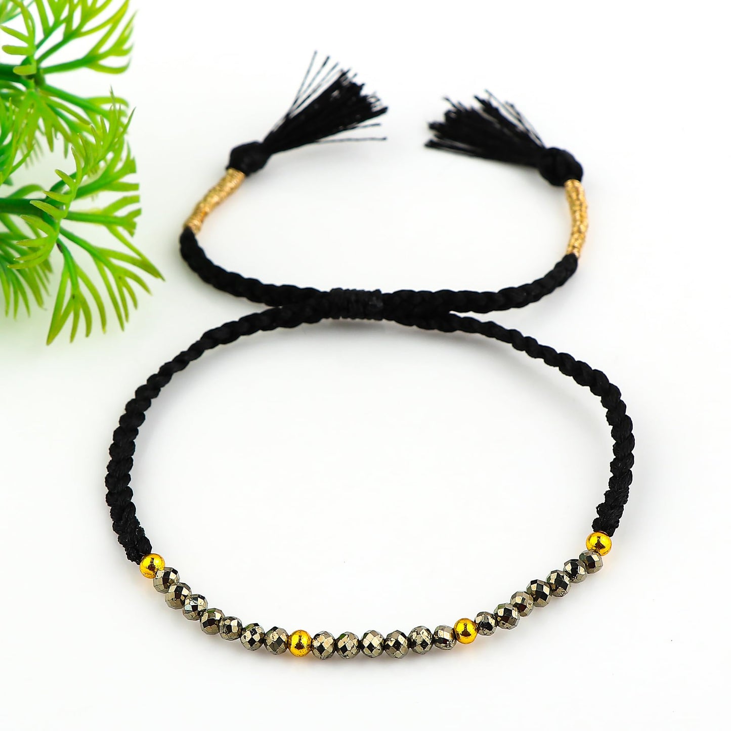 GEMSYMPHONY Pyrite Gemstone Beads Braided Bracelet – 3.5mm Natural Stone Beads, Handmade Adjustable Braided Rope Bracelet, Healing Crystal Jewelry for Men & Women, Unisex Boho Gift (Pyrite)